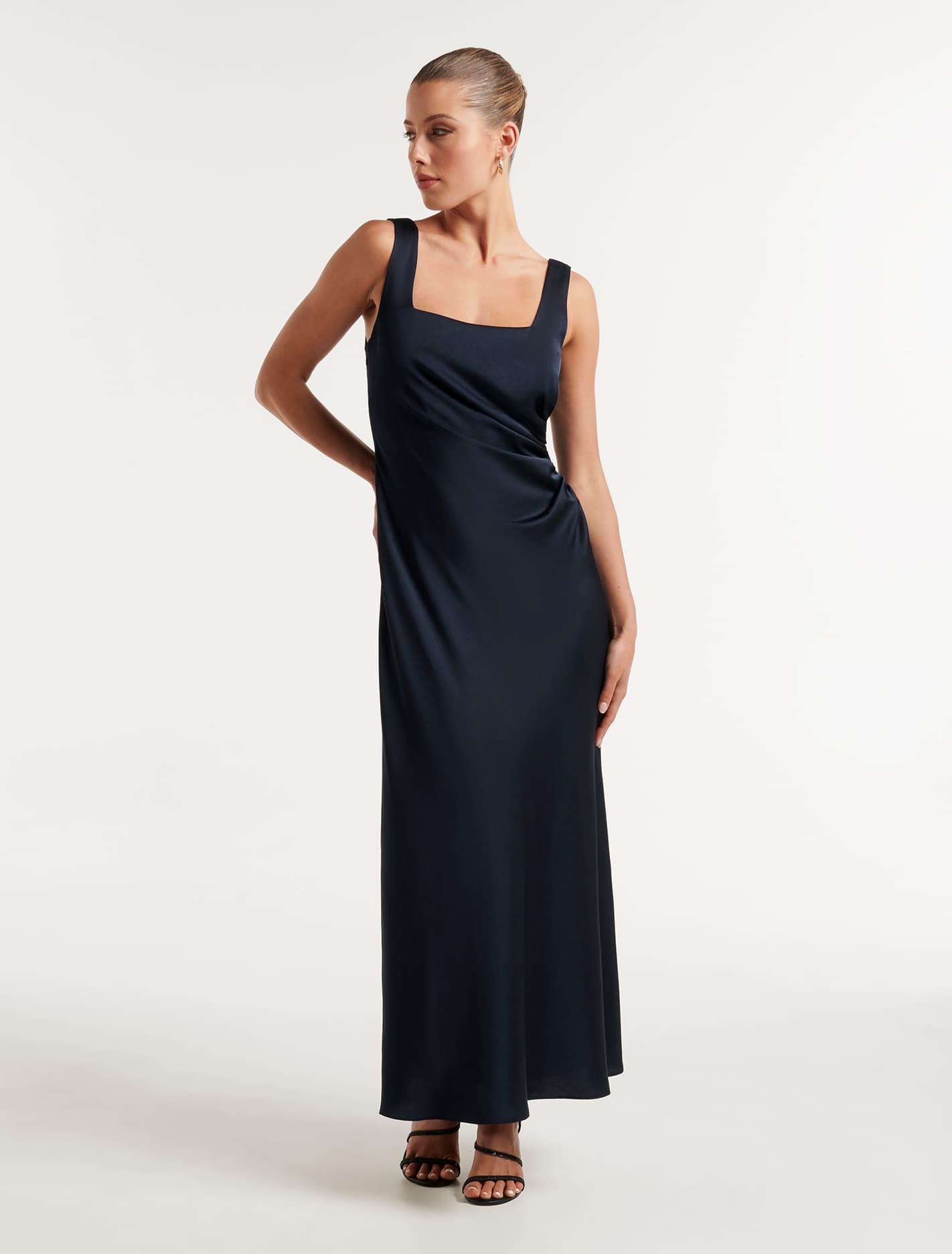 Winnie Square Neck Ruched Midi Dress Navy