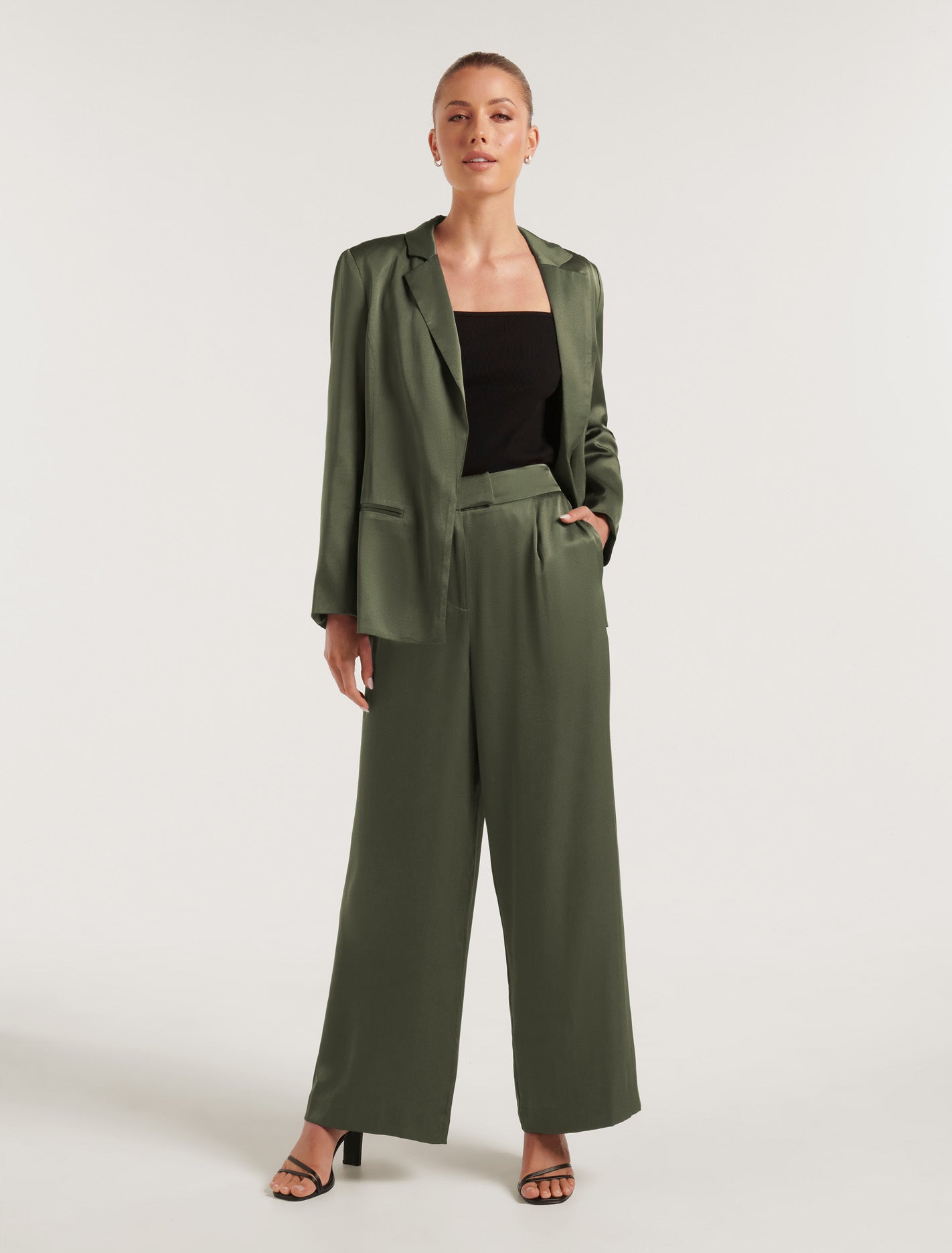Alora Petite Satin Wide Leg Pants Slate Green Suit