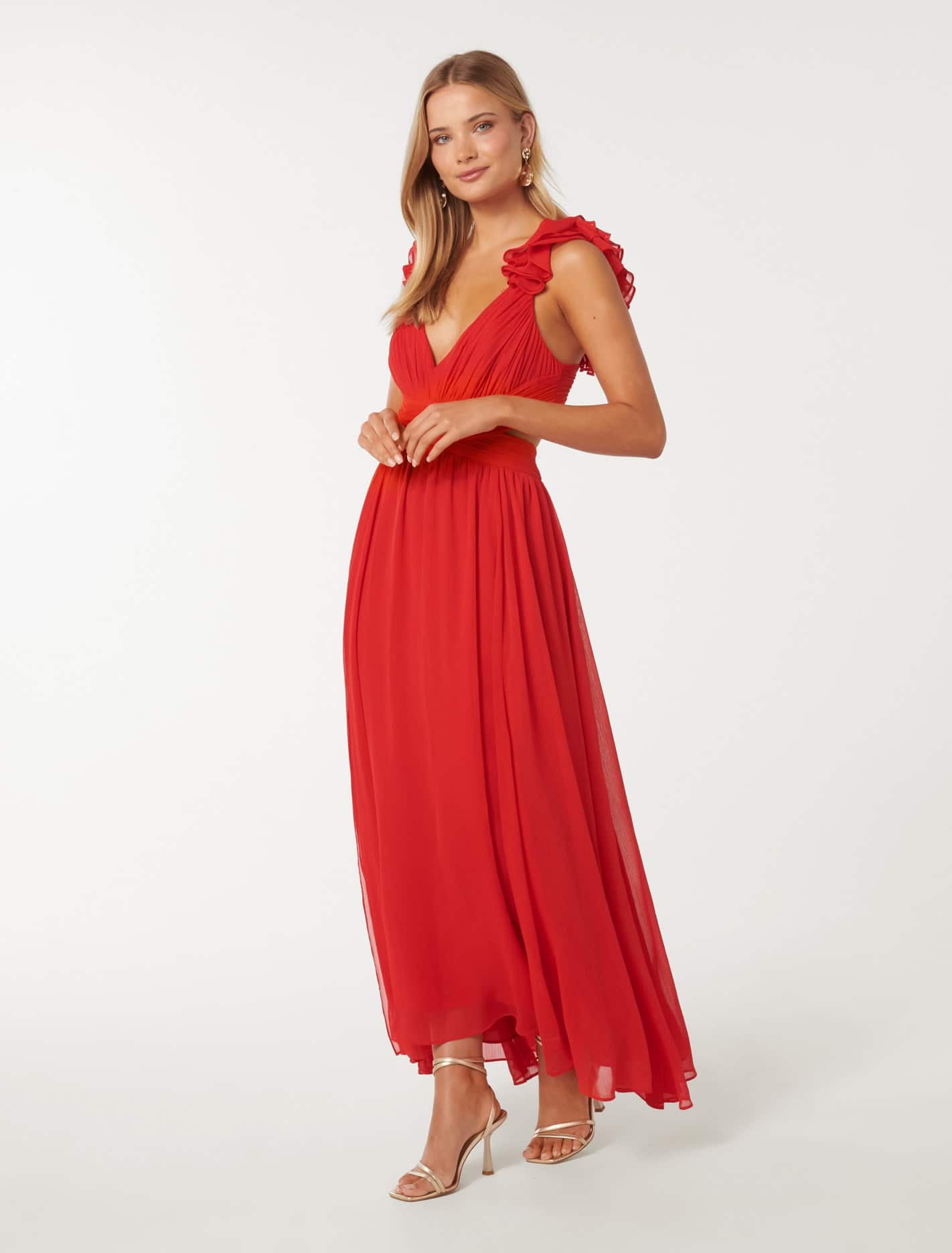 Selena Ruffle Shoulder Maxi Chilli Red