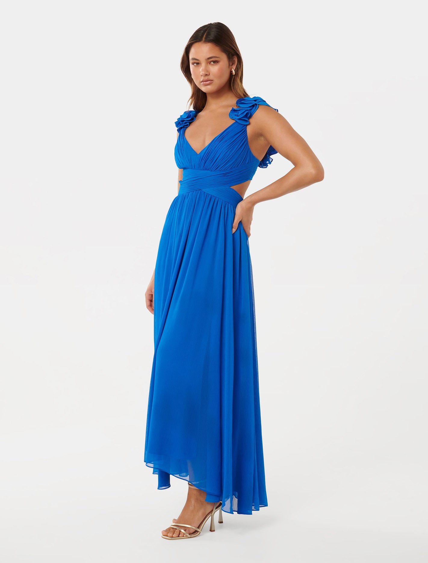 Selena Ruffle-Shoulder Maxi Dress Vivid Azure