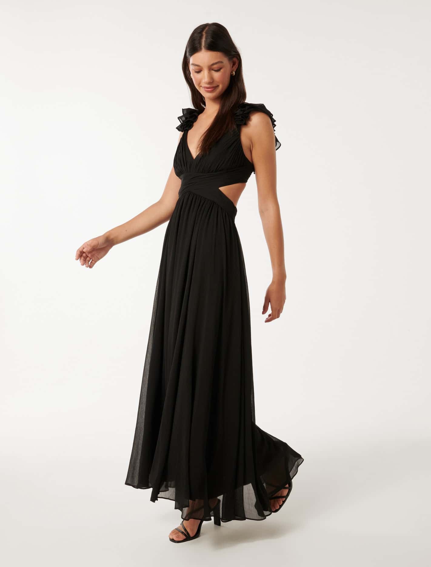 Selena Ruffle Shoulder Maxi Black