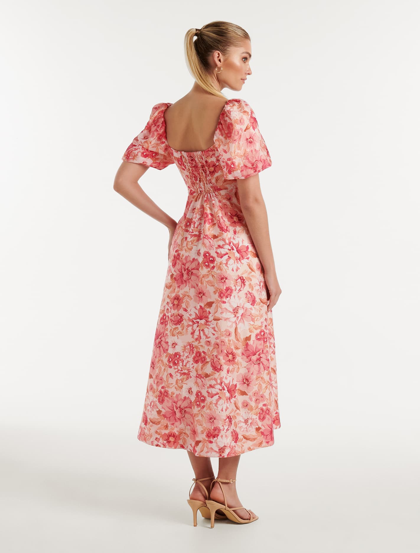 Quinni Twist Front Midi Dress Coral Elmhurst Floral
