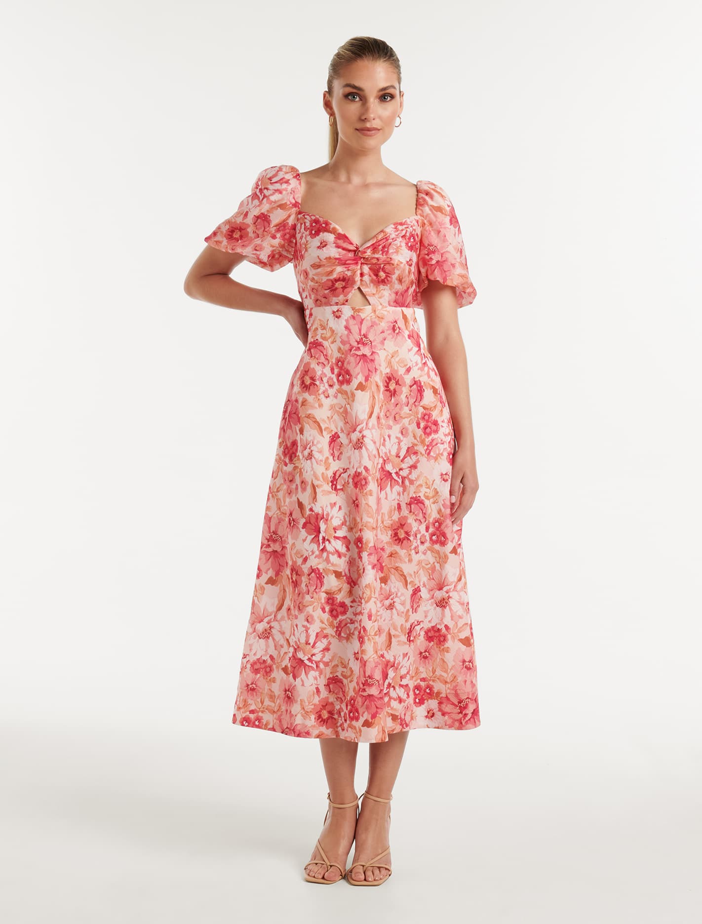 Quinni Twist Front Midi Dress Coral Elmhurst Floral