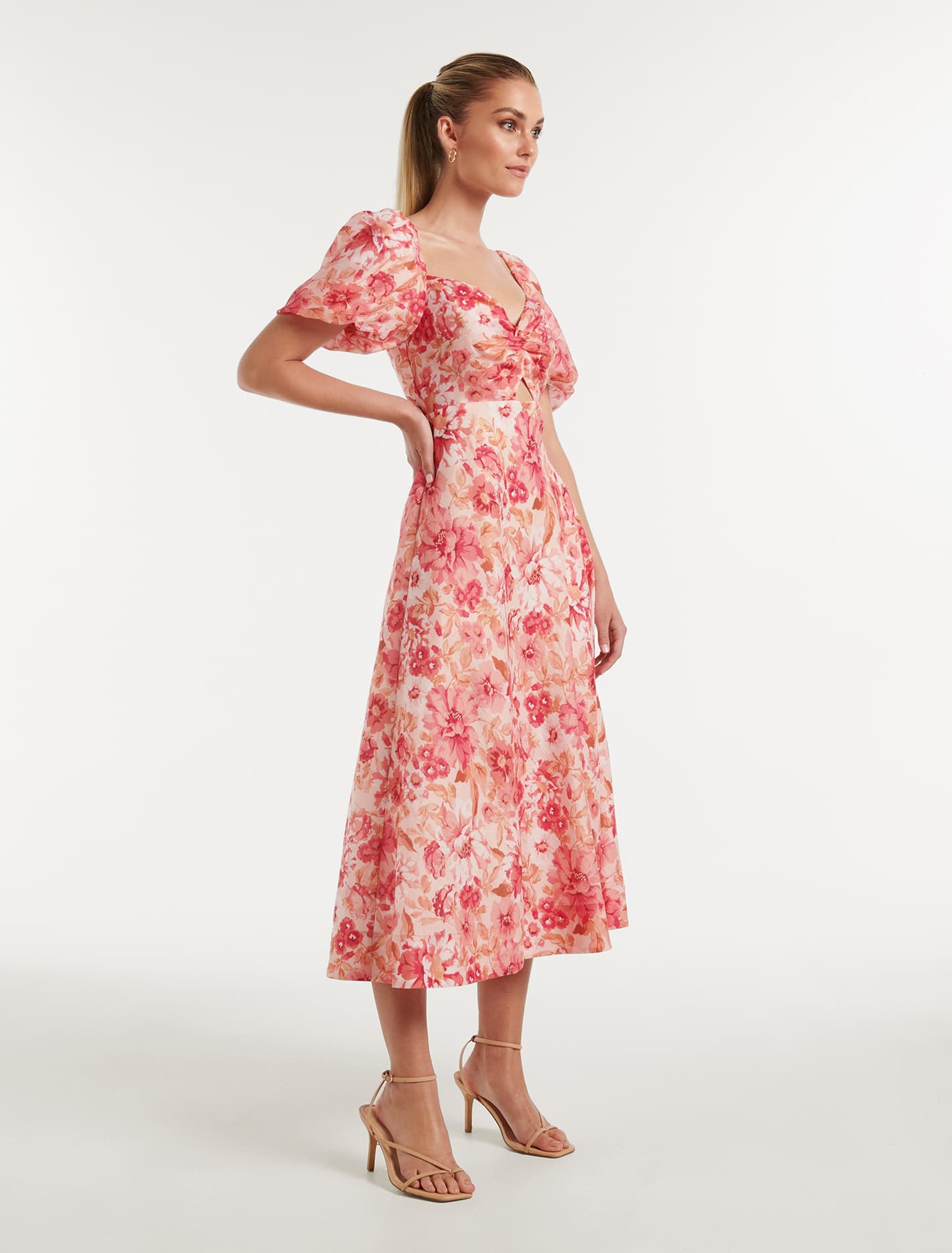 Quinni Twist Front Midi Dress Coral Elmhurst Floral