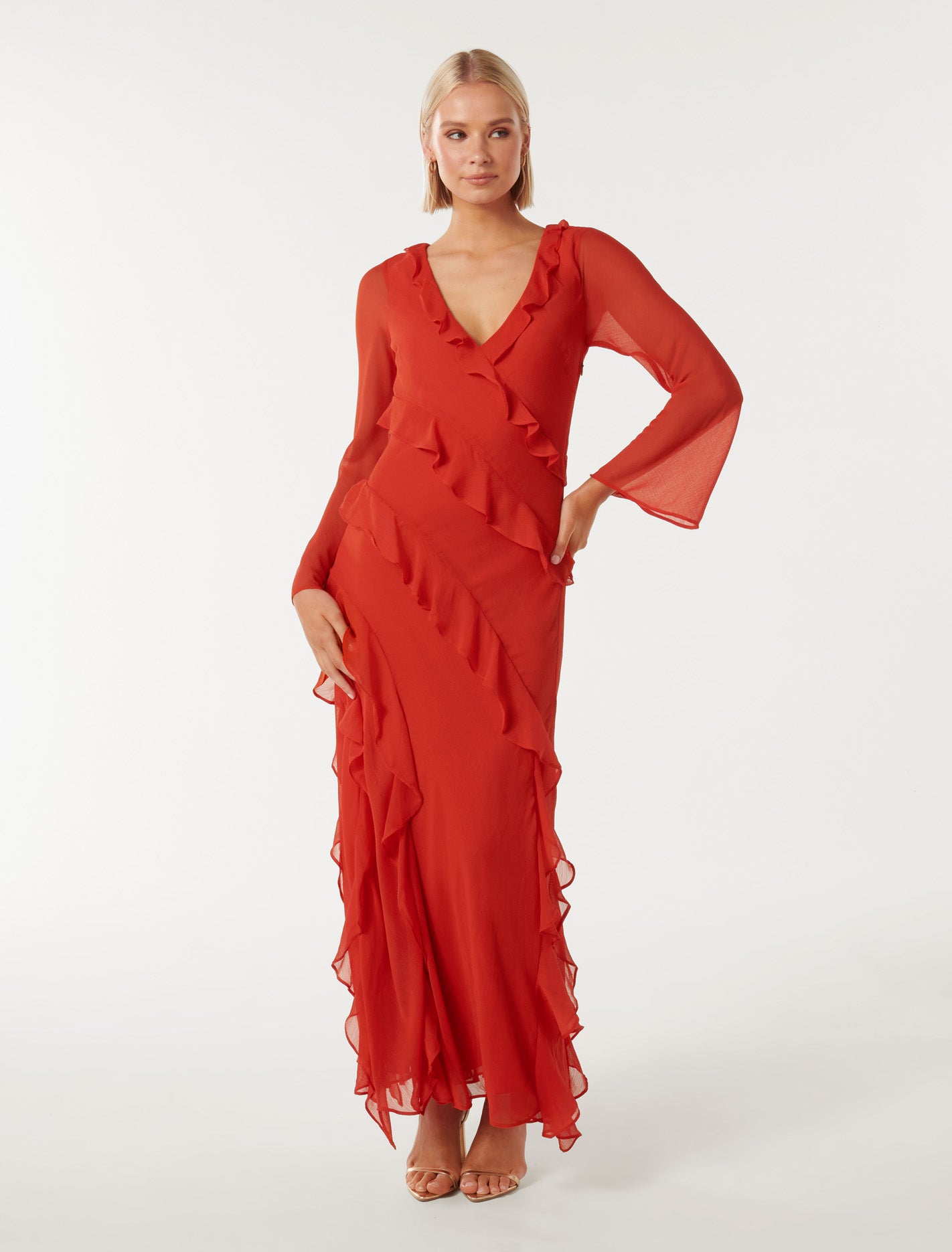 Bonnie Ruffle Long Sleeve Dress Chilli Red