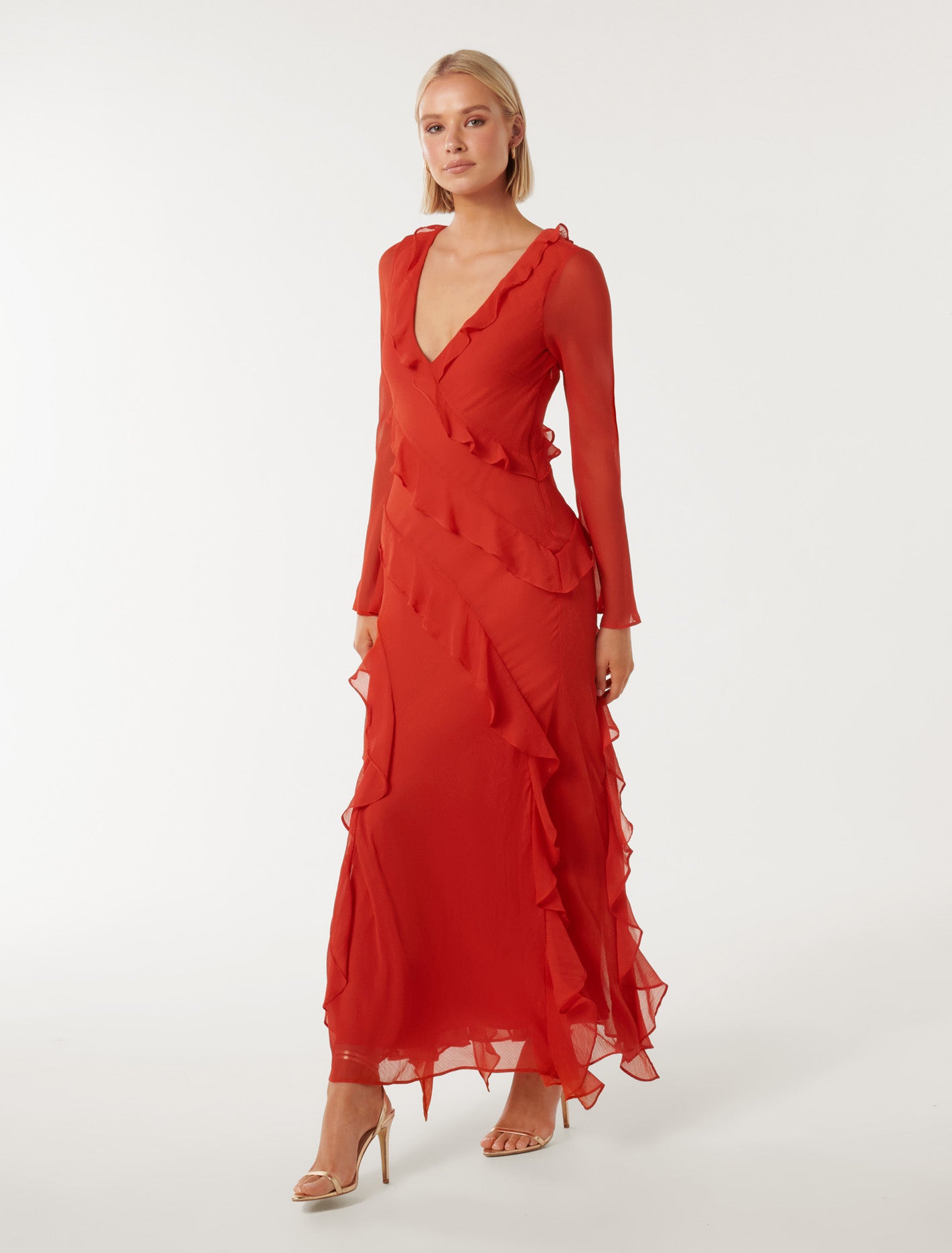 Bonnie Ruffle Long Sleeve Dress Chilli Red