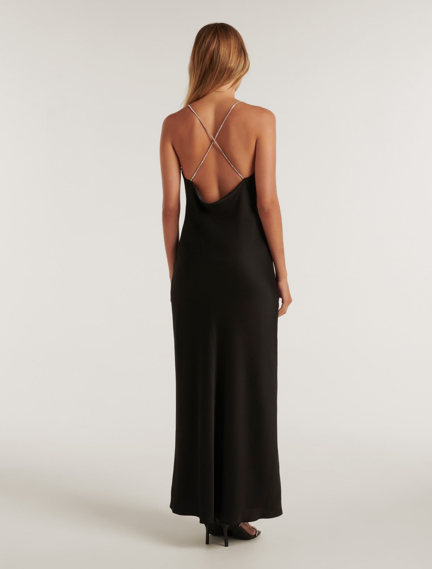 Hannah Diamante Strap Satin Dress Black