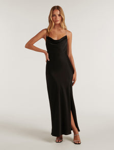Hannah Diamante Strap Satin Dress Black