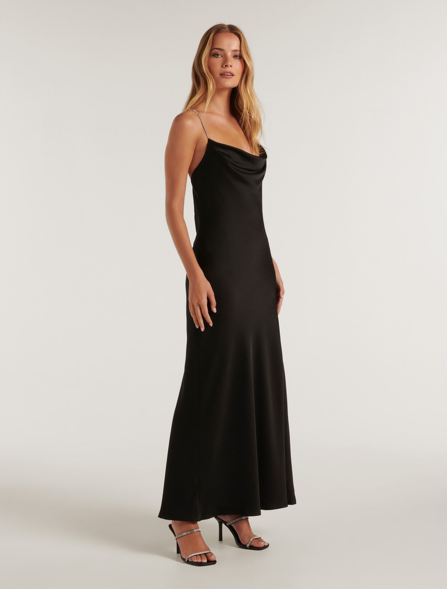 Hannah Diamante Strap Satin Dress Black
