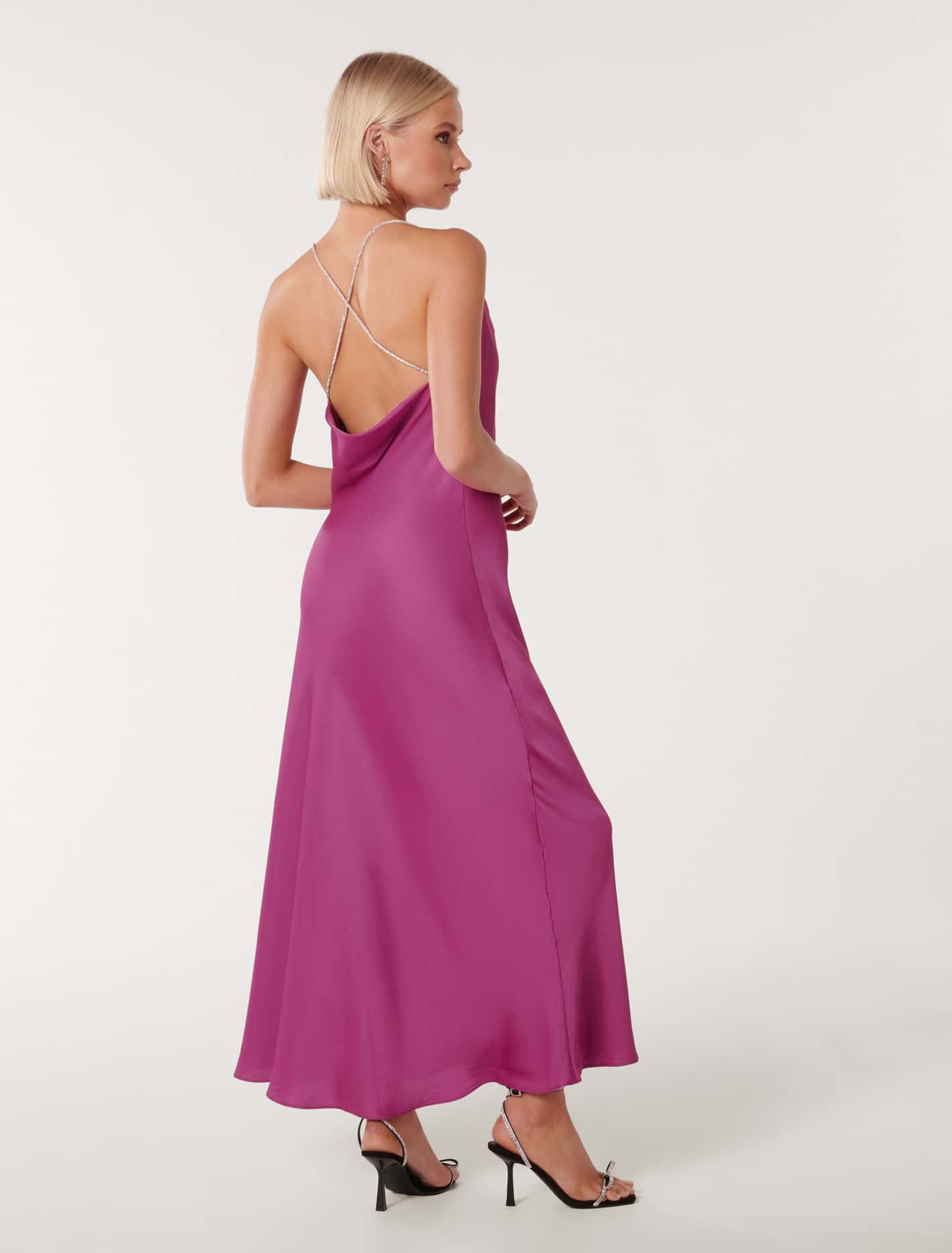 Hannah Diamante Strap Satin Dress Purple Orchid