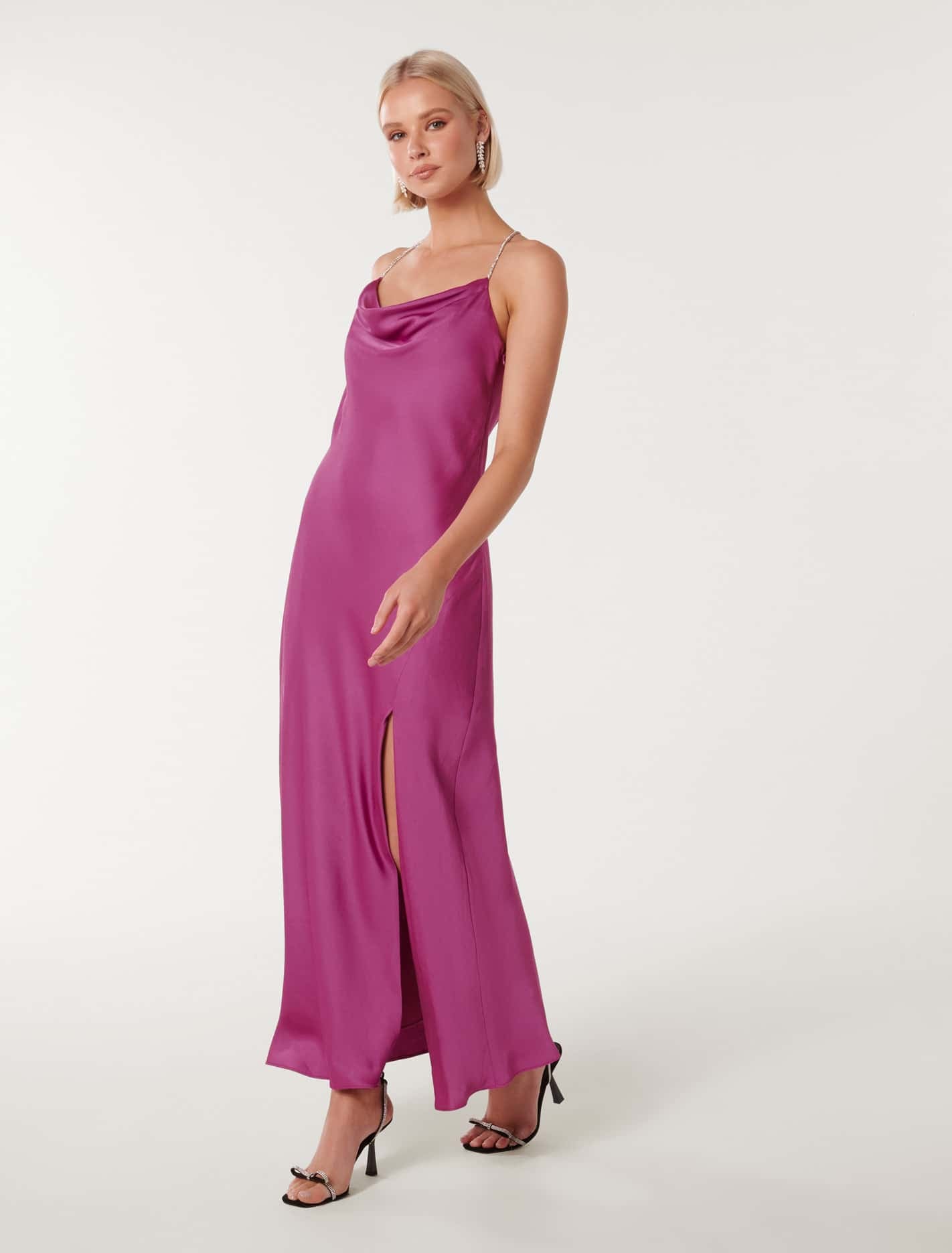 Hannah Diamante Strap Satin Dress Purple Orchid