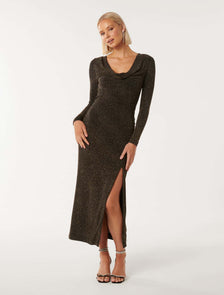 Reva Cowl Neck Glitter Midi Gold Glitter