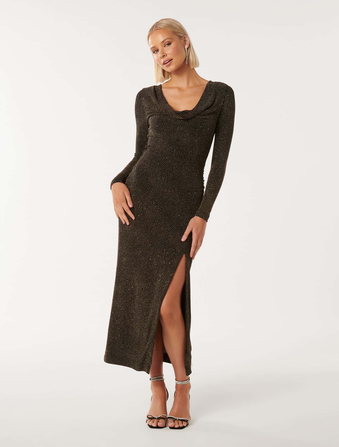 Reva Cowl Neck Glitter Midi Gold Glitter