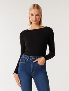 Brie Boat Neck Long Sleeve Top Black