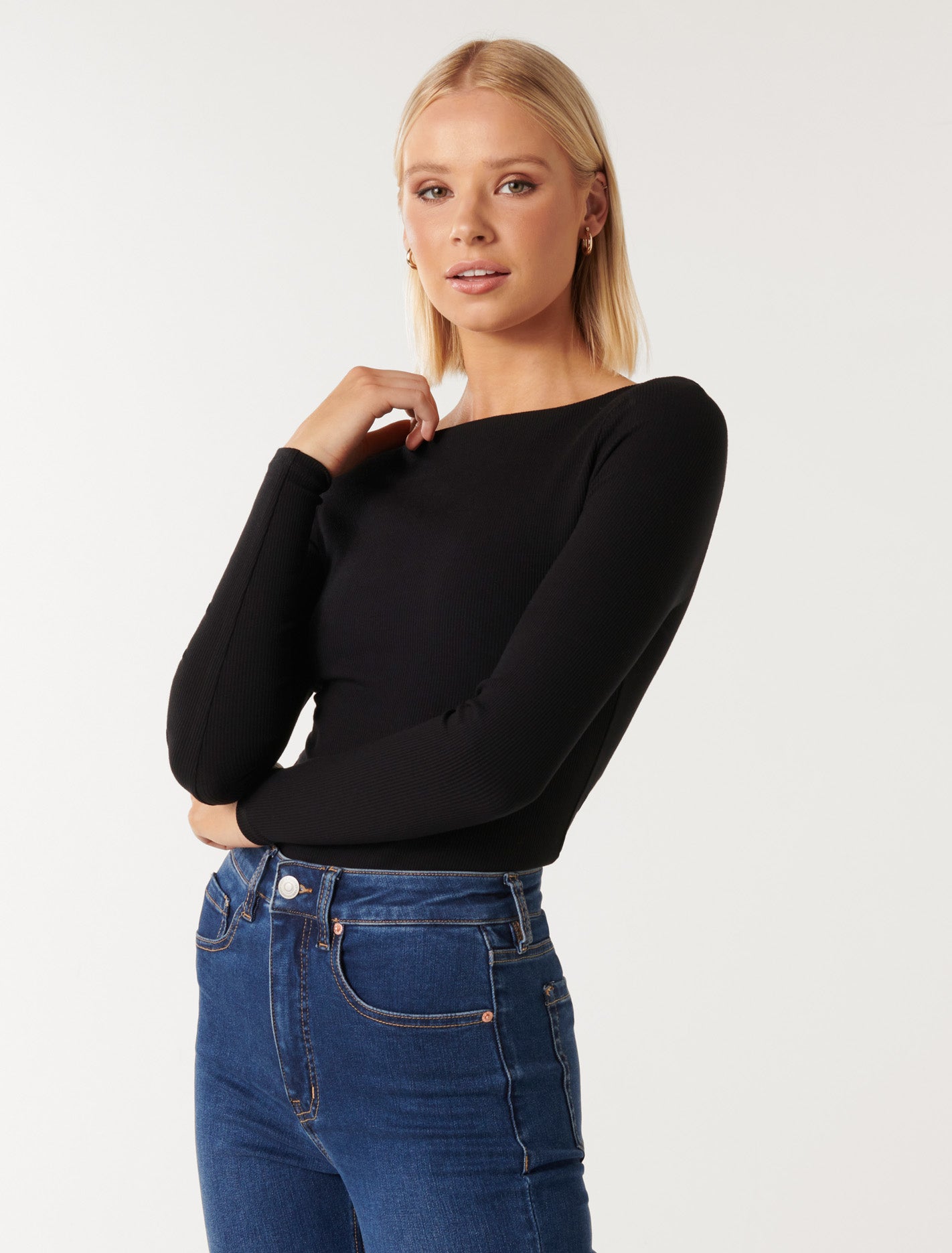 Brie Boat Neck Long Sleeve Top Black