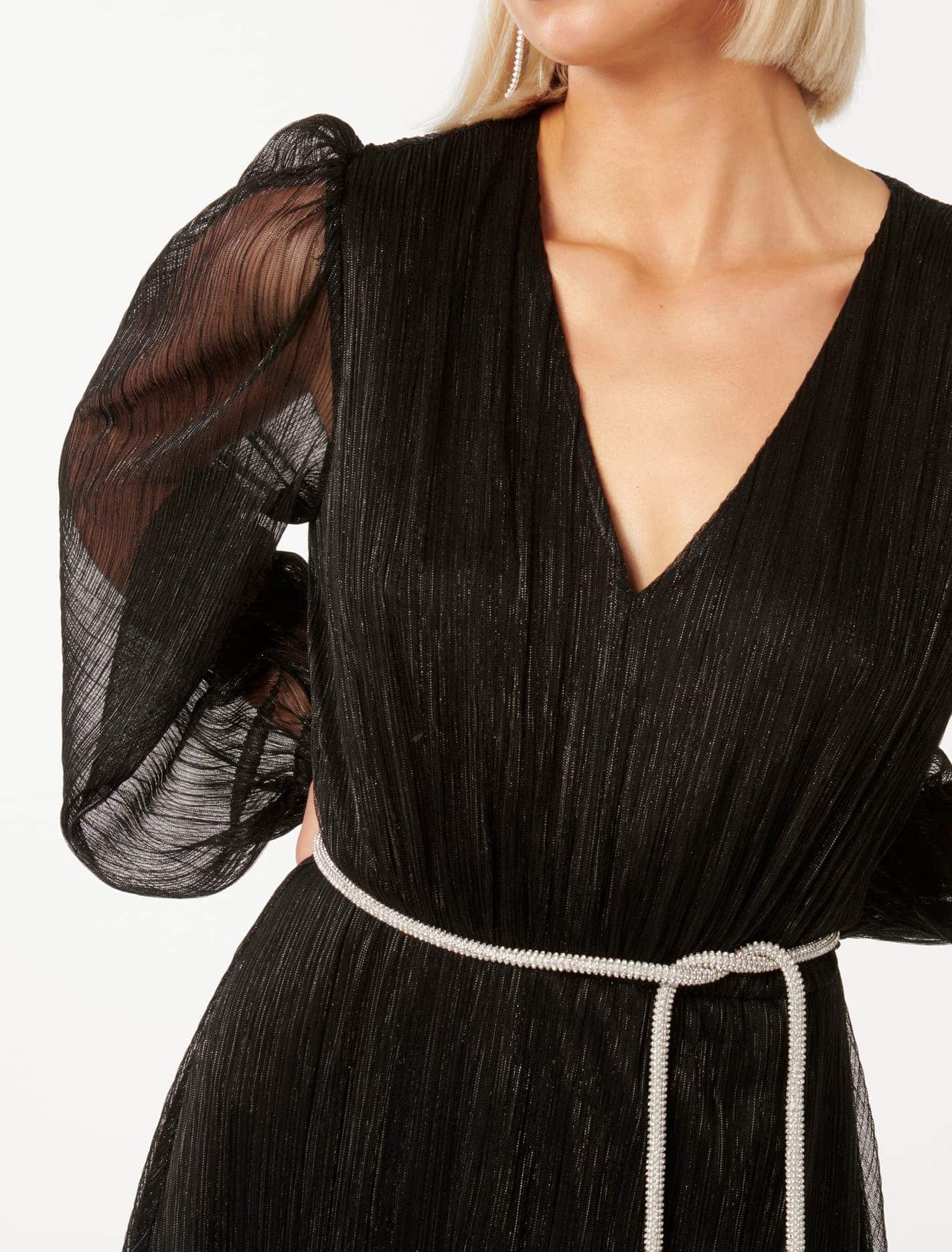 Amina Diamante Belt Plisse Maxi Black