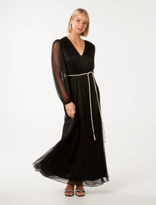 Amina Diamante Belt Plisse Maxi Black