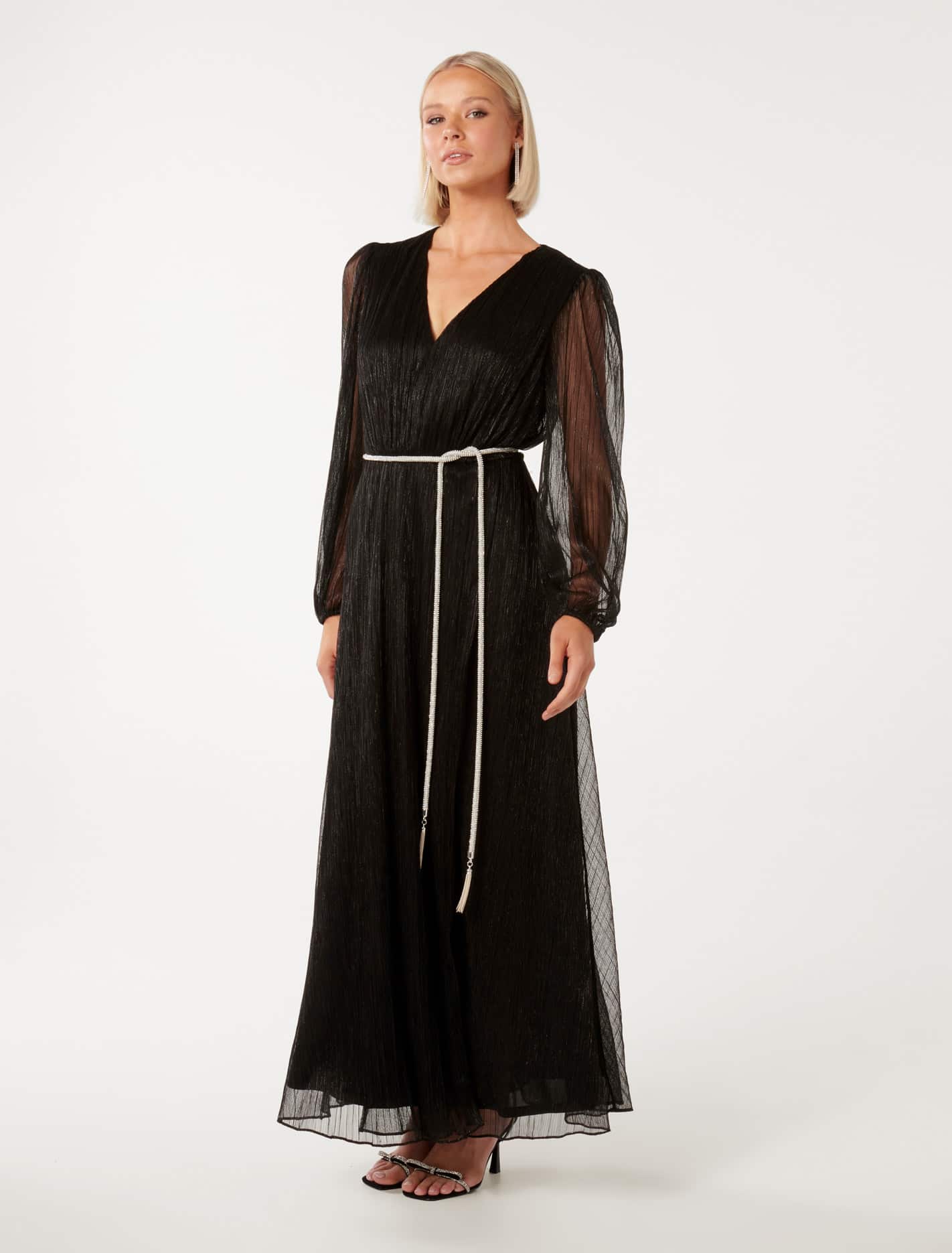 Amina Diamante Belt Plisse Maxi Black