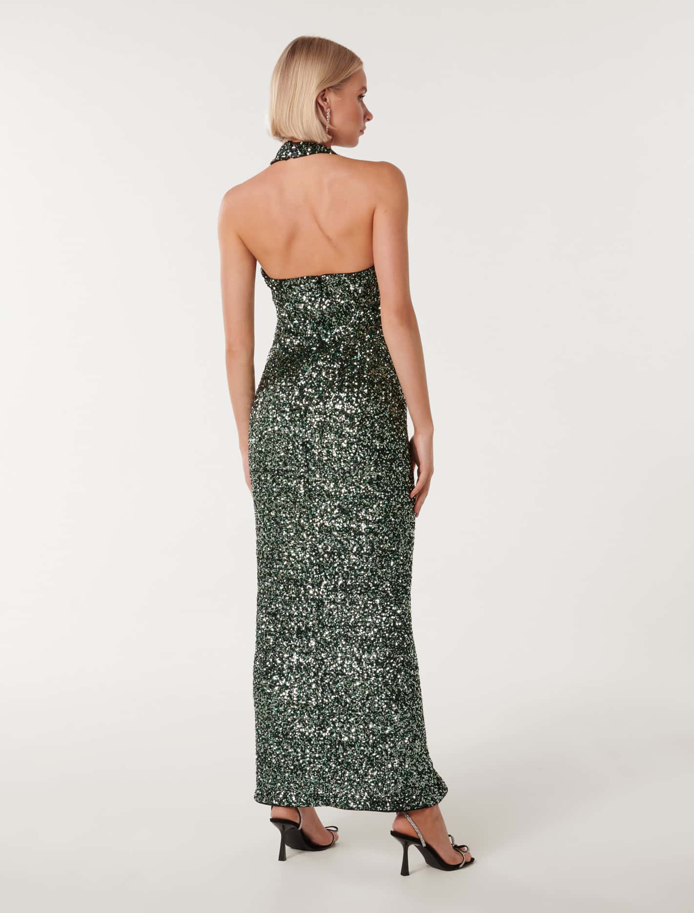 Brooke Sequin Halter Neck Gown Dark Green
