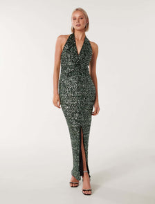 Brooke Sequin Halter Neck Gown Dark Green