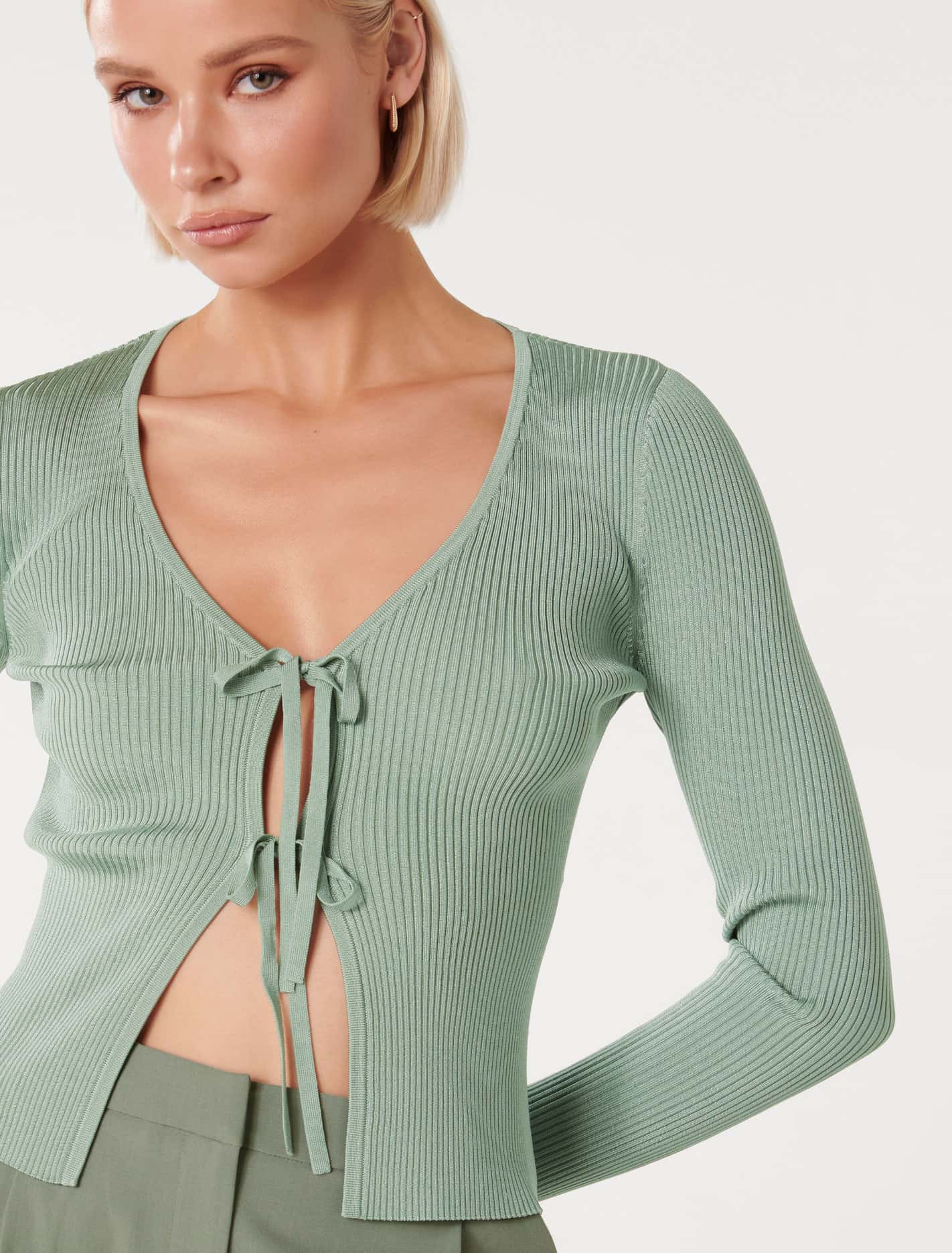 Cassie Tie-Front Knit Cardigan Sage Green