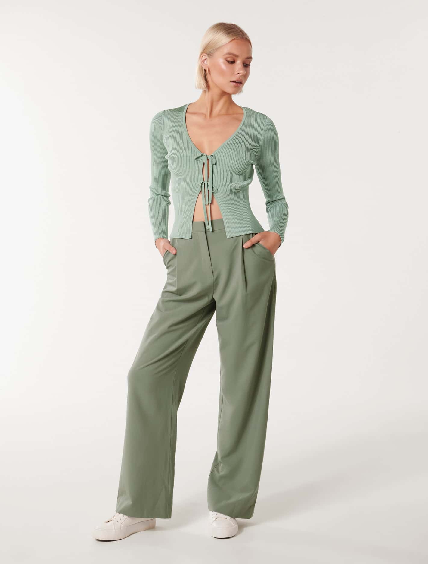Cassie Tie-Front Knit Cardigan Sage Green