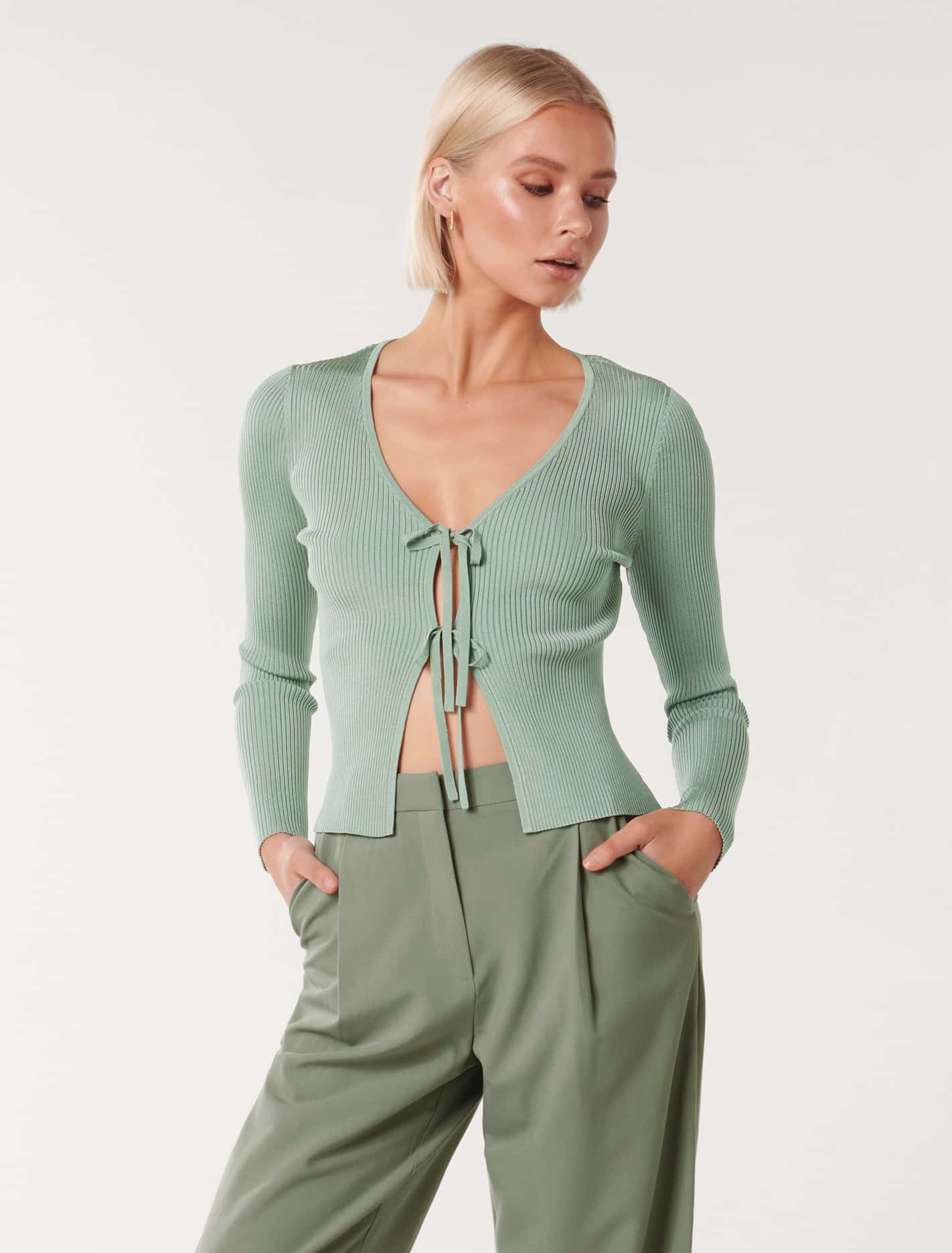 Cassie Tie-Front Knit Cardigan Sage Green