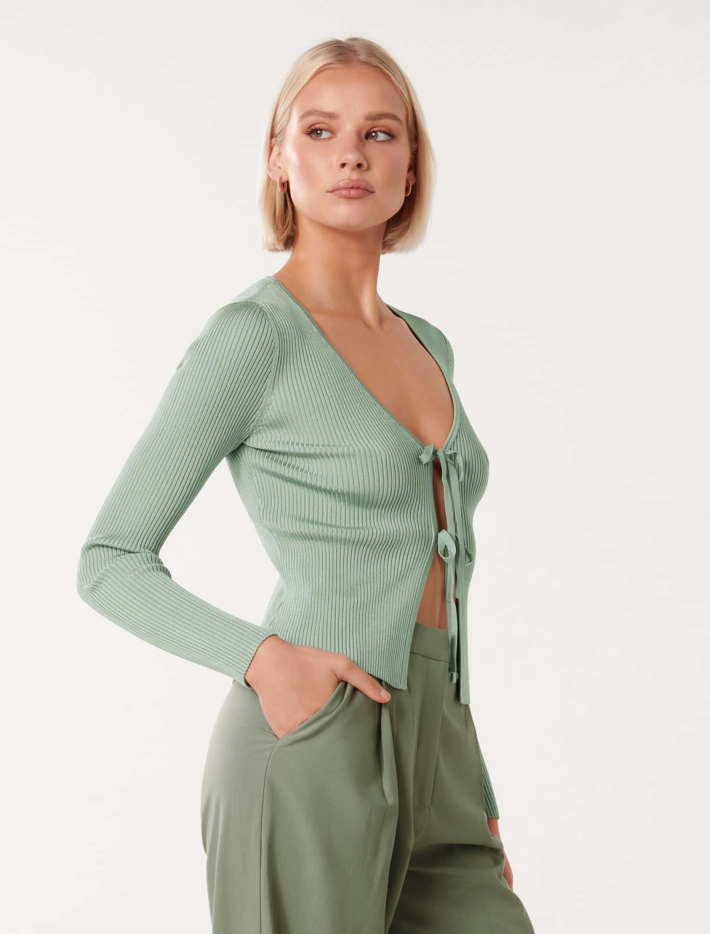 Cassie Tie-Front Knit Cardigan Sage Green