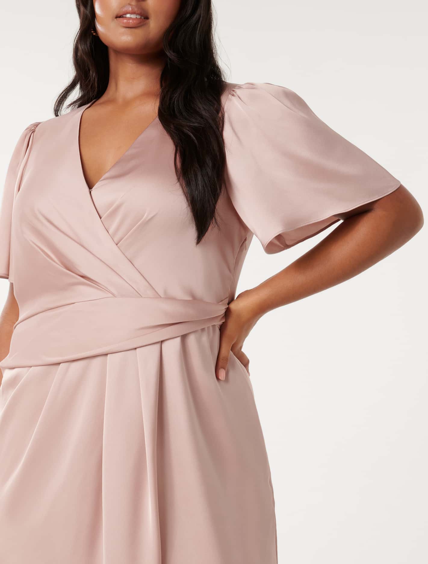 Estelle Curve Flutter-Sleeve Midi Dress Blush