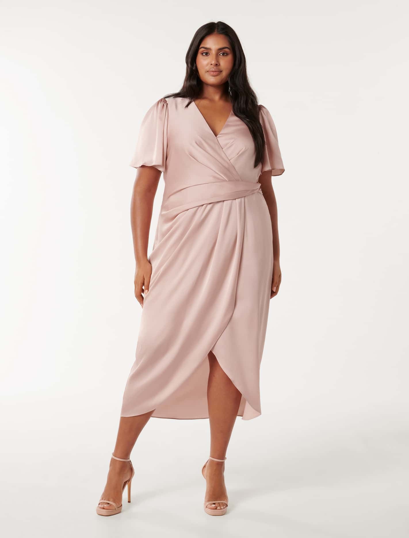 Estelle Curve Flutter-Sleeve Midi Dress Blush