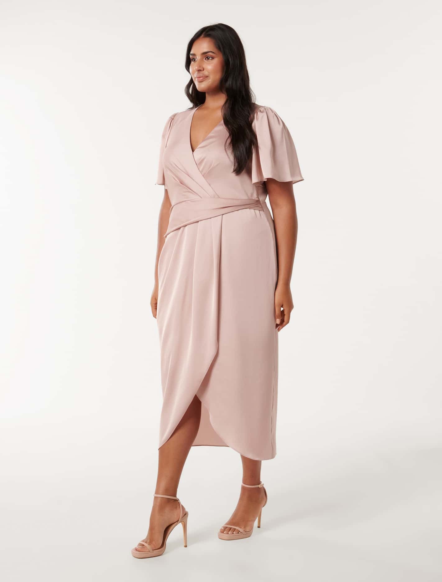 Estelle Curve Flutter-Sleeve Midi Dress Blush
