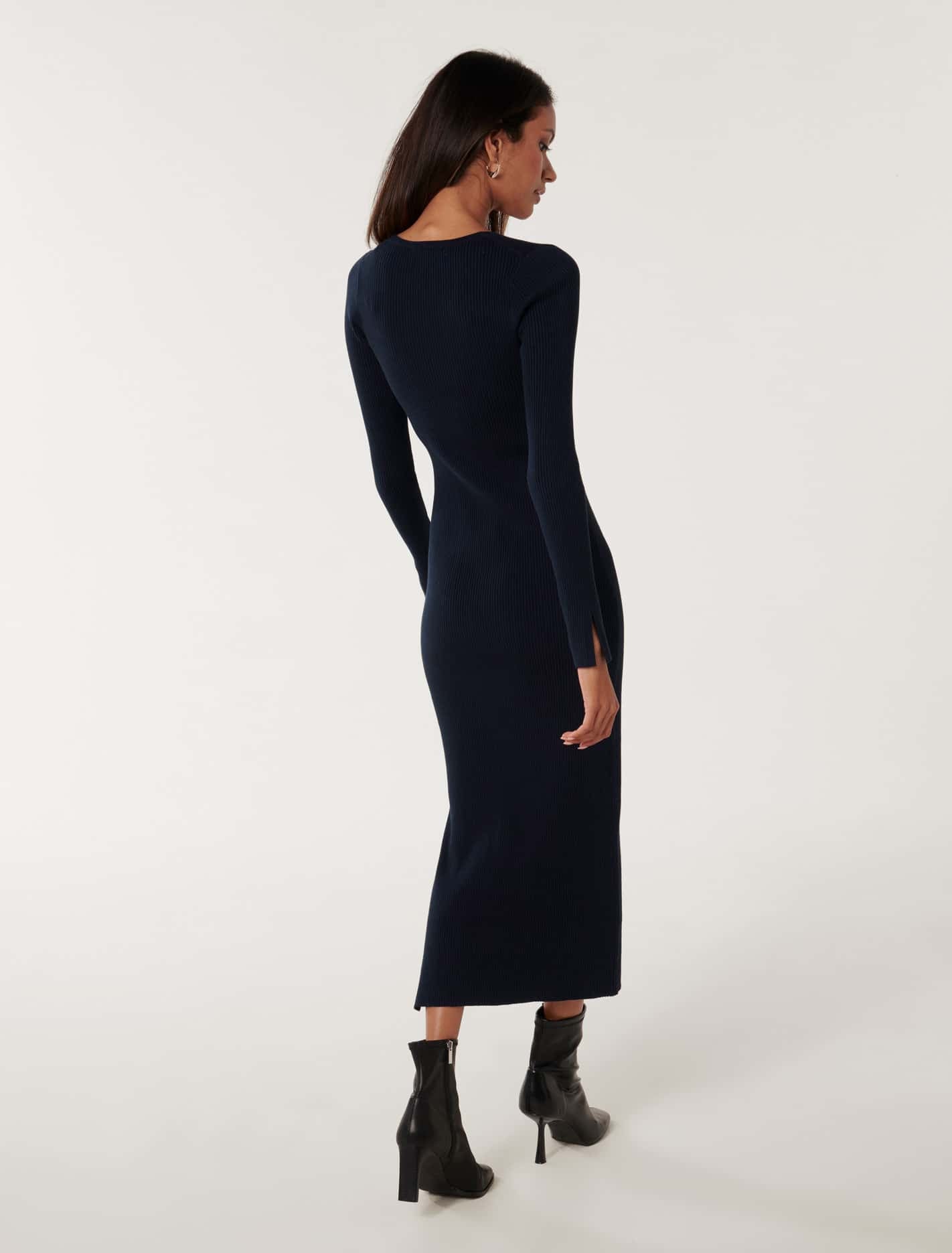 Kourtney Petite V Neck Rib Knit Dress Navy
