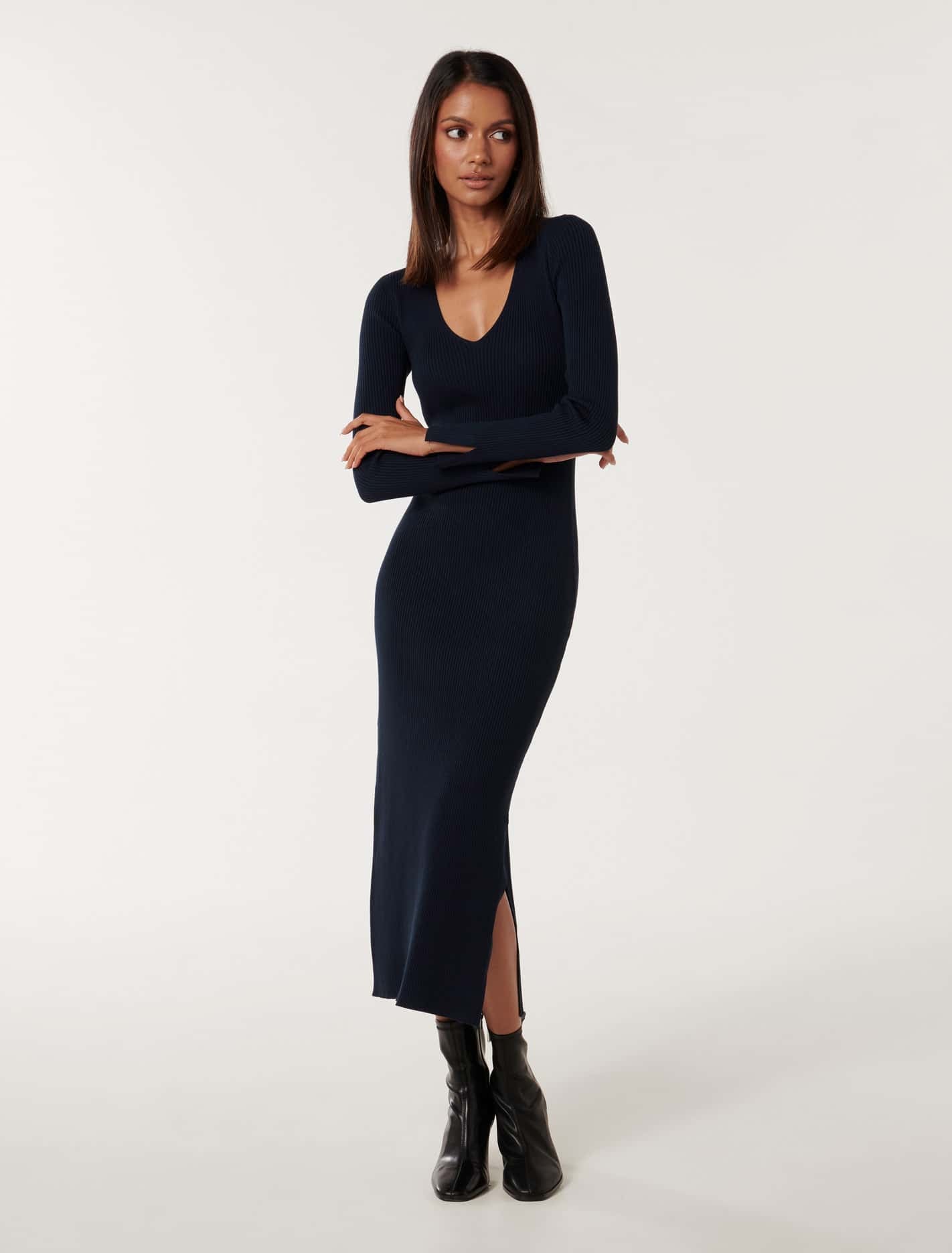 Kourtney Petite V Neck Rib Knit Dress Navy