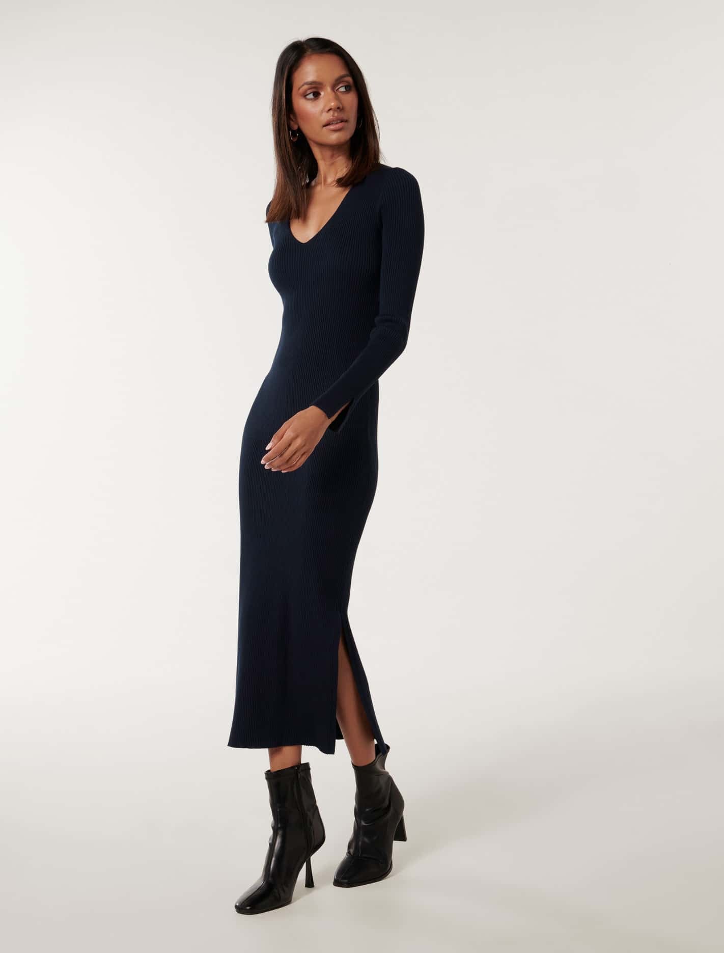 Kourtney Petite V Neck Rib Knit Dress Navy