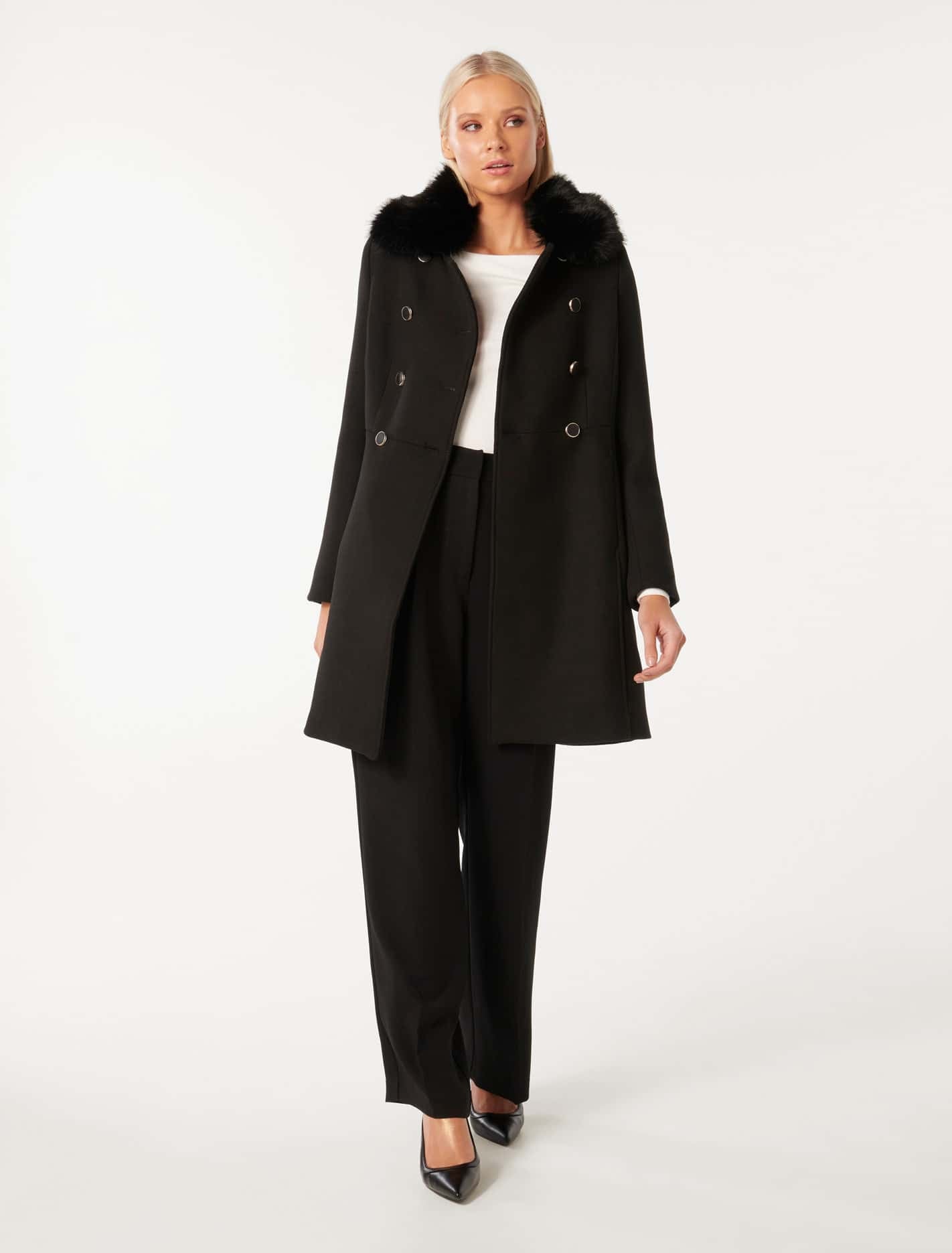 Susie Faux Fur Collar Dolly Coat Black