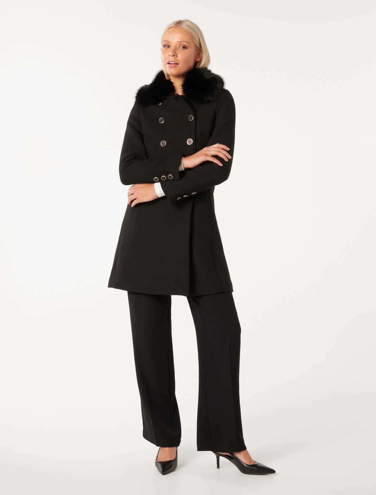 Susie Faux Fur Collar Dolly Coat Black