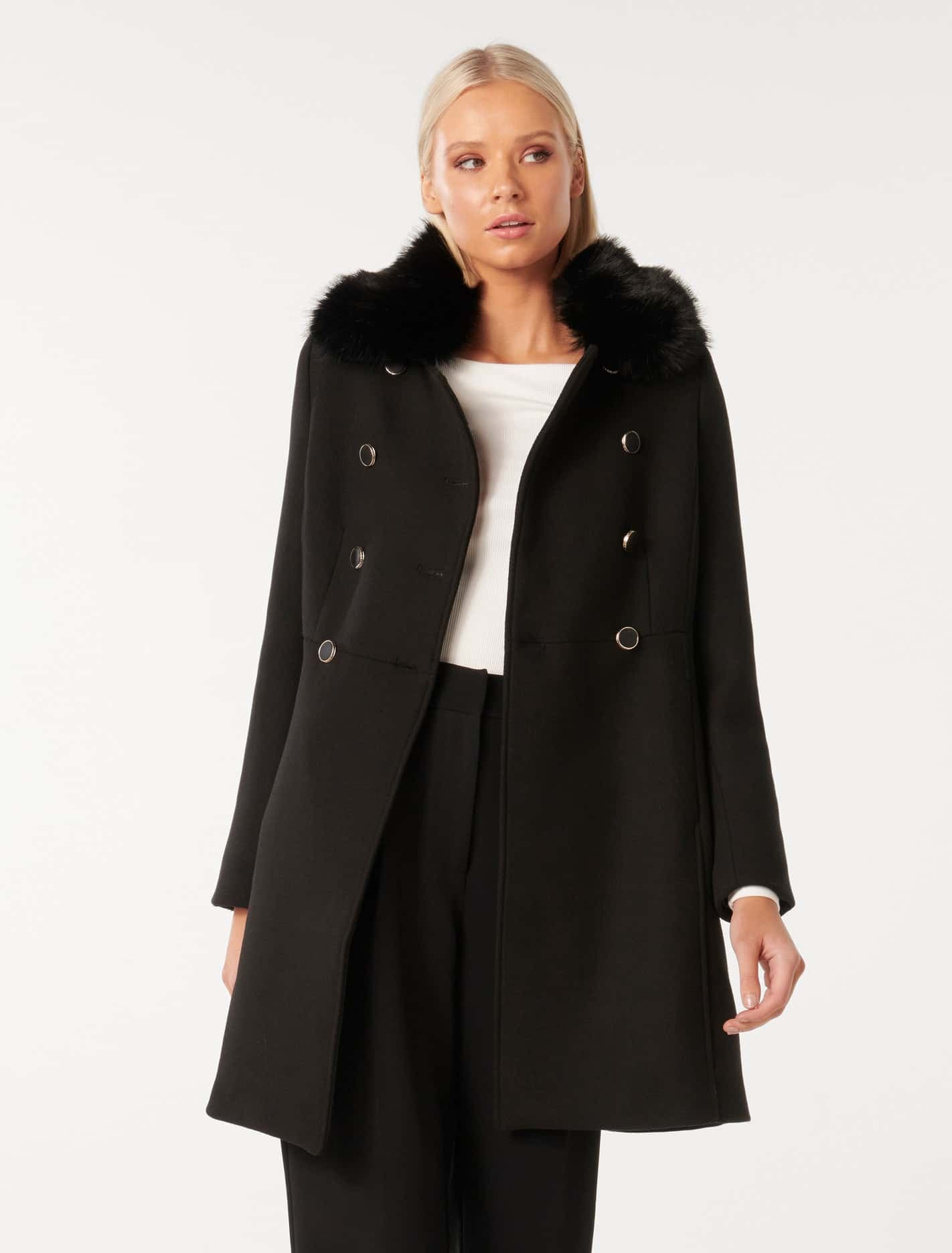 Susie Faux Fur Collar Dolly Coat Black