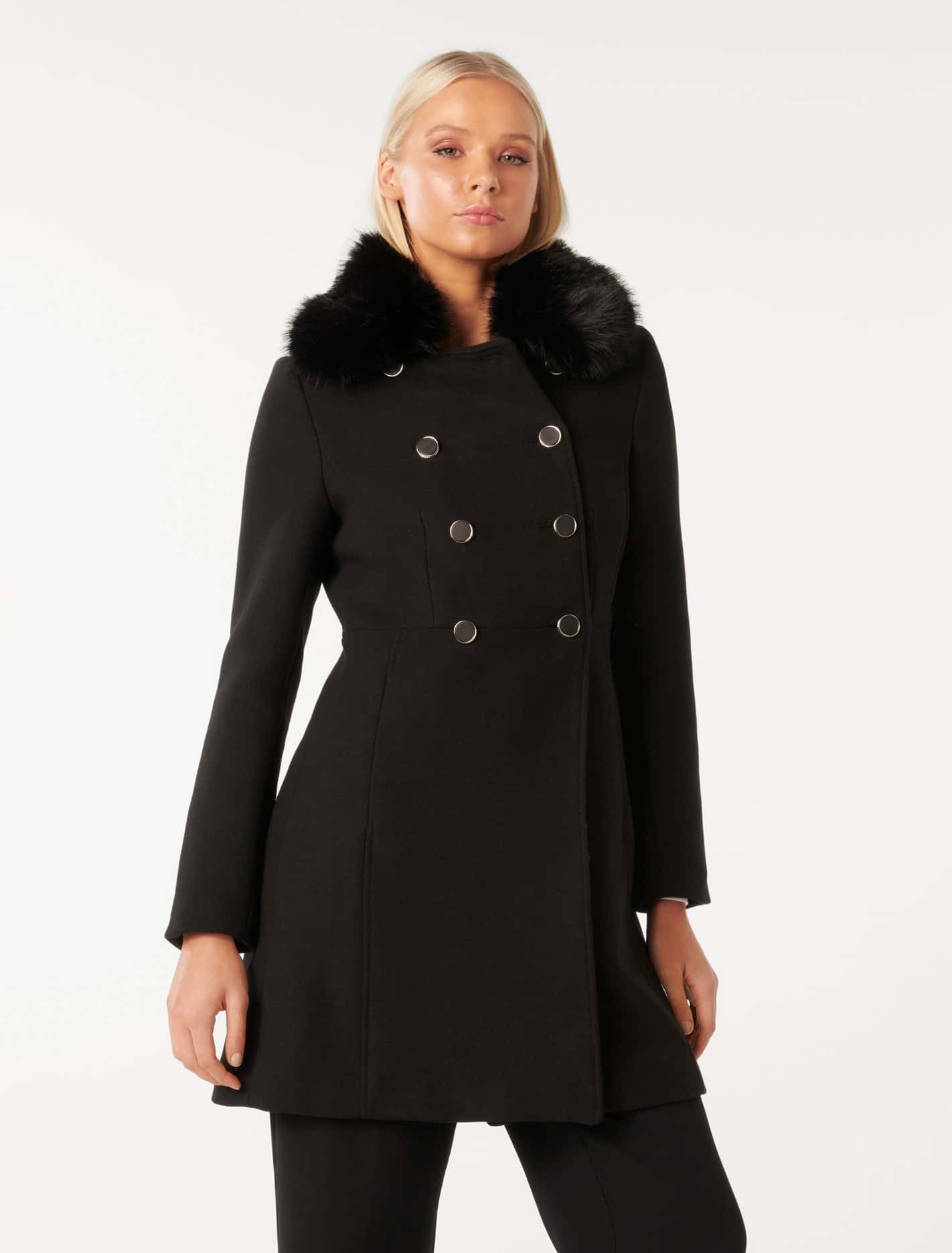Susie Faux Fur Collar Dolly Coat Black