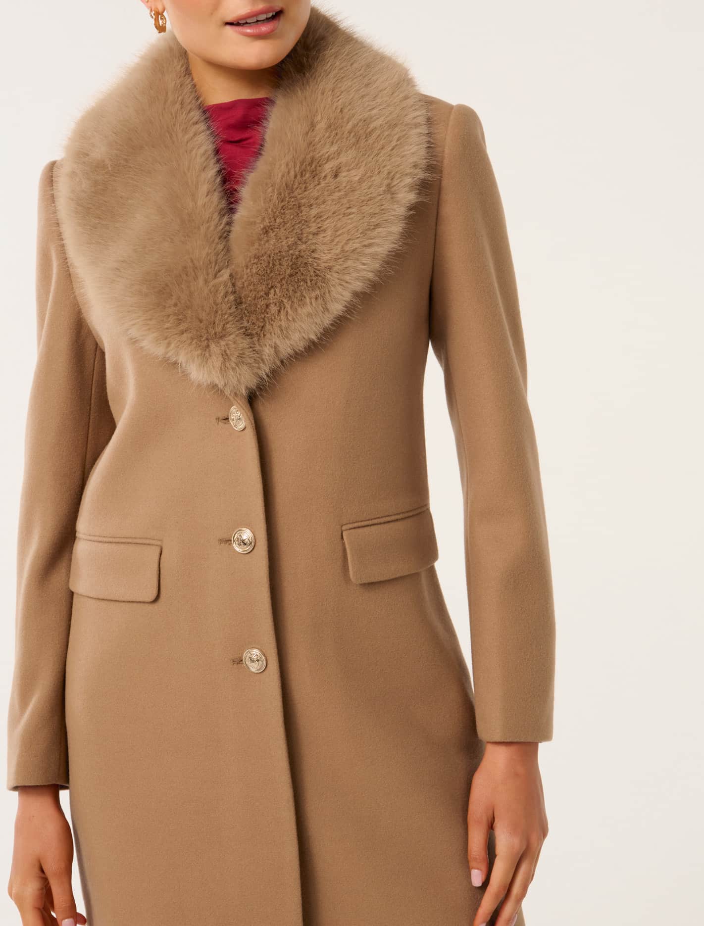 Lucinda Short Fur Collar Coat Mid Camel