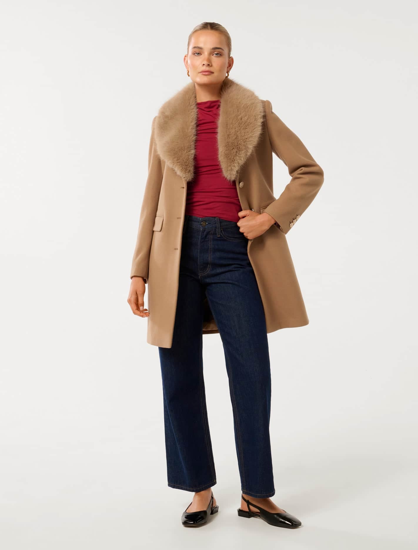 Lucinda Short Fur Collar Coat Mid Camel