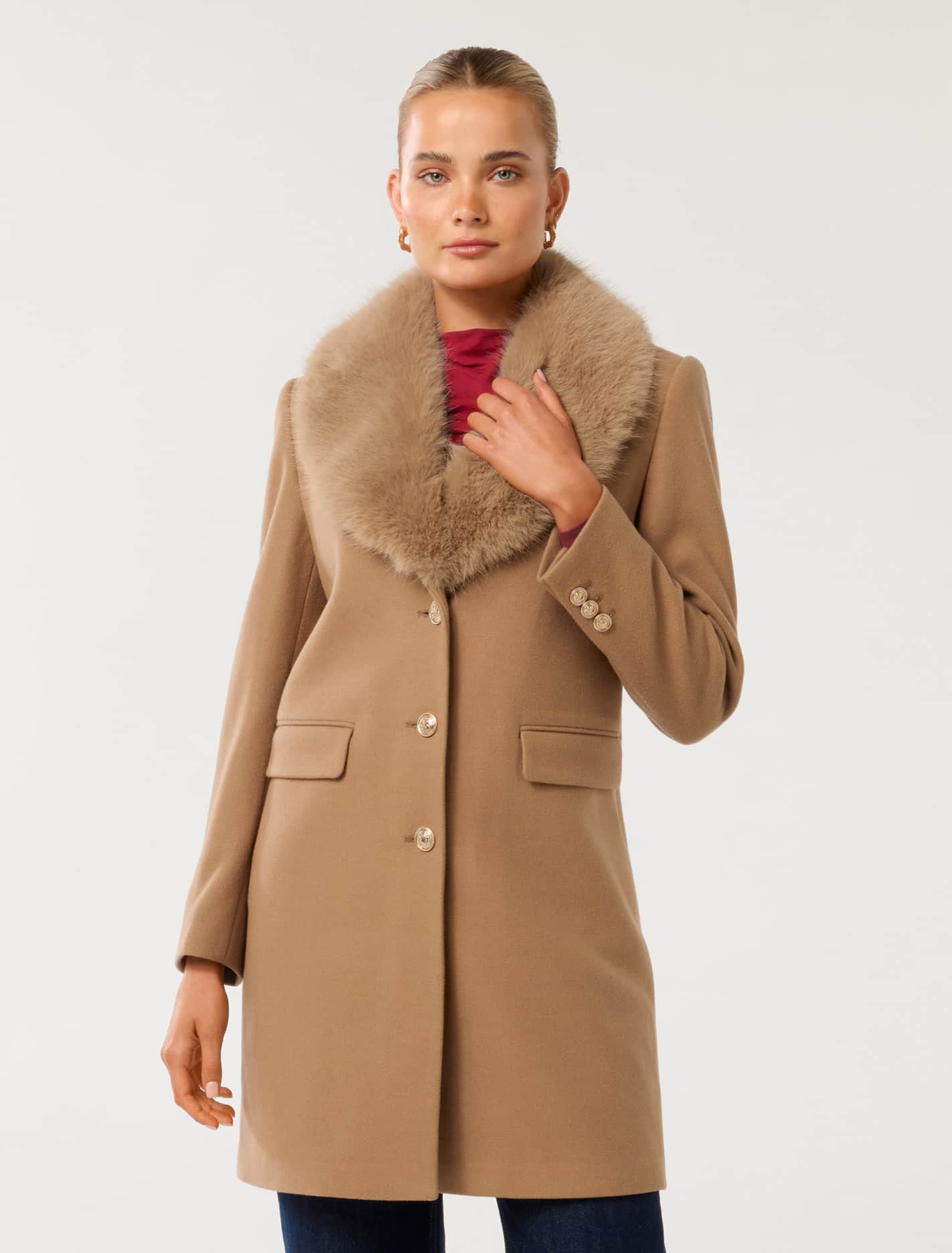 Lucinda Short Fur Collar Coat Mid Camel