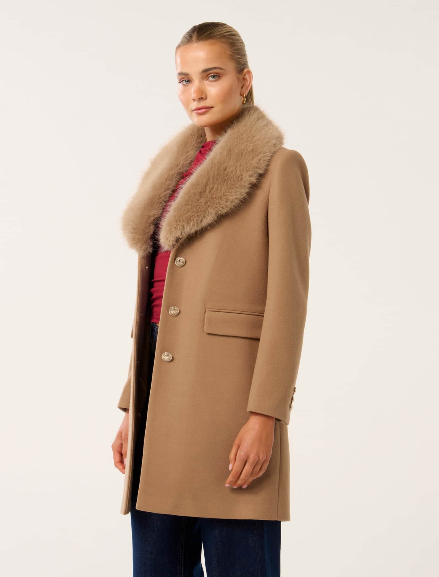 Lucinda Short Fur Collar Coat Mid Camel