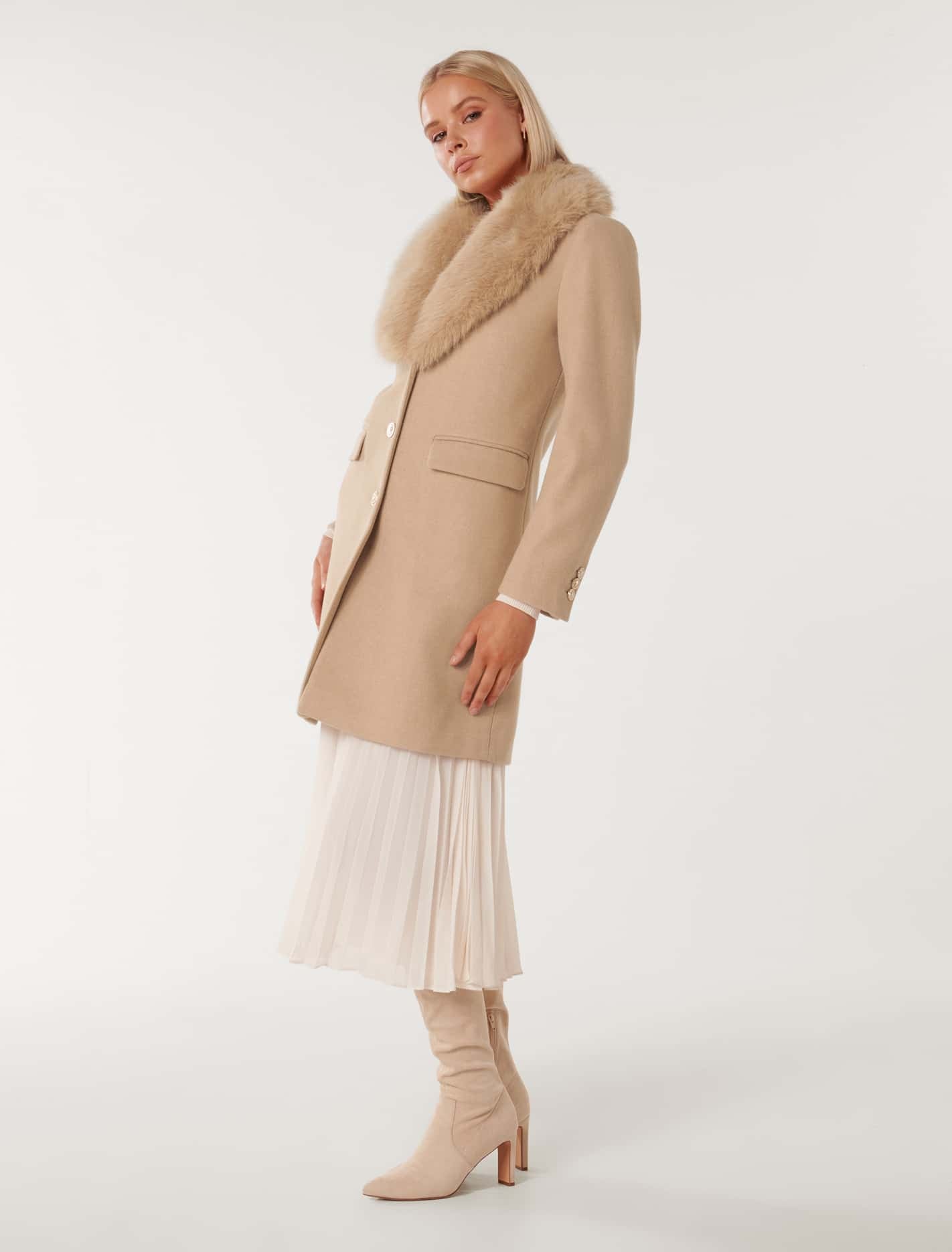 Lucinda Short Fur Collar Coat Camel