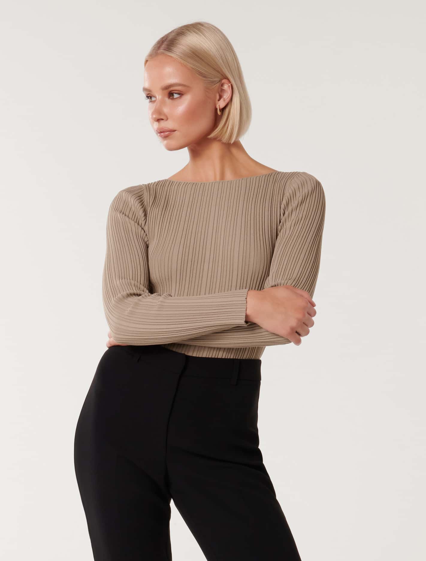 Evie Long Sleeve Rib Knit Top Mushroom