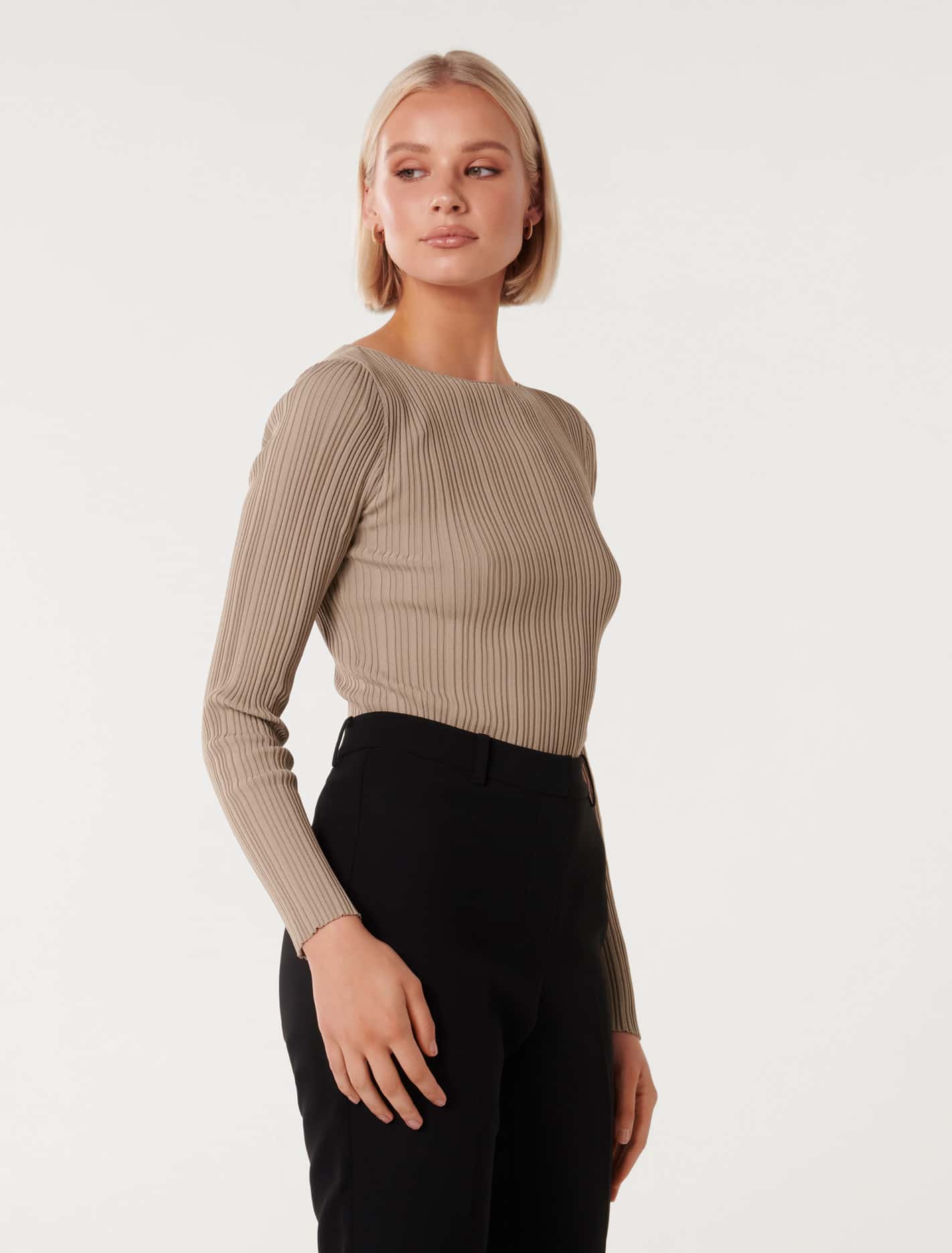 Evie Long Sleeve Rib Knit Top Mushroom