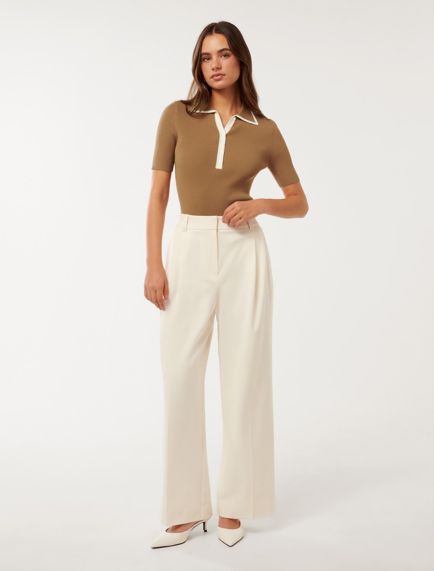 Jo Collar Knit Polo Camel/ Porcelain