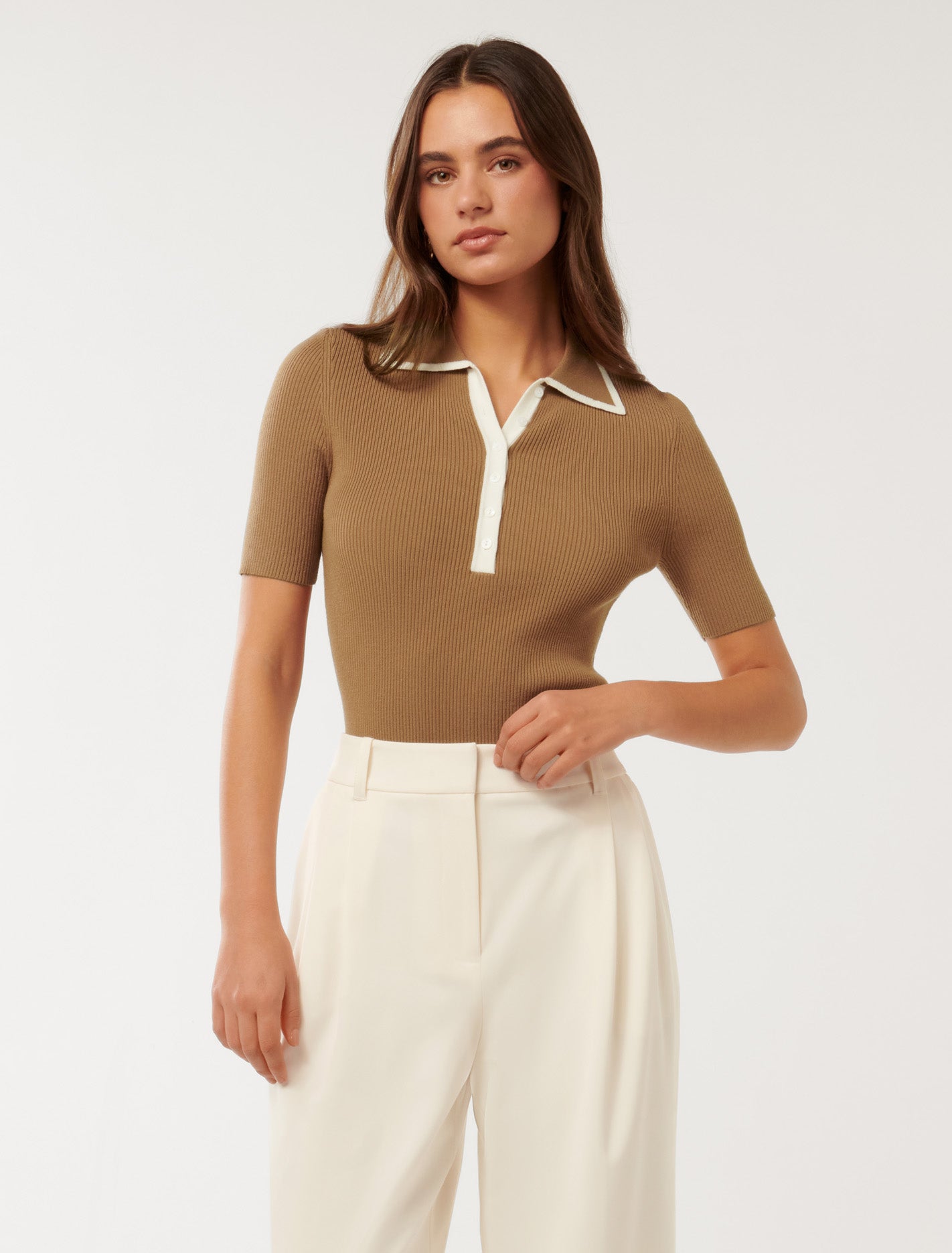 Jo Collar Knit Polo Camel/ Porcelain