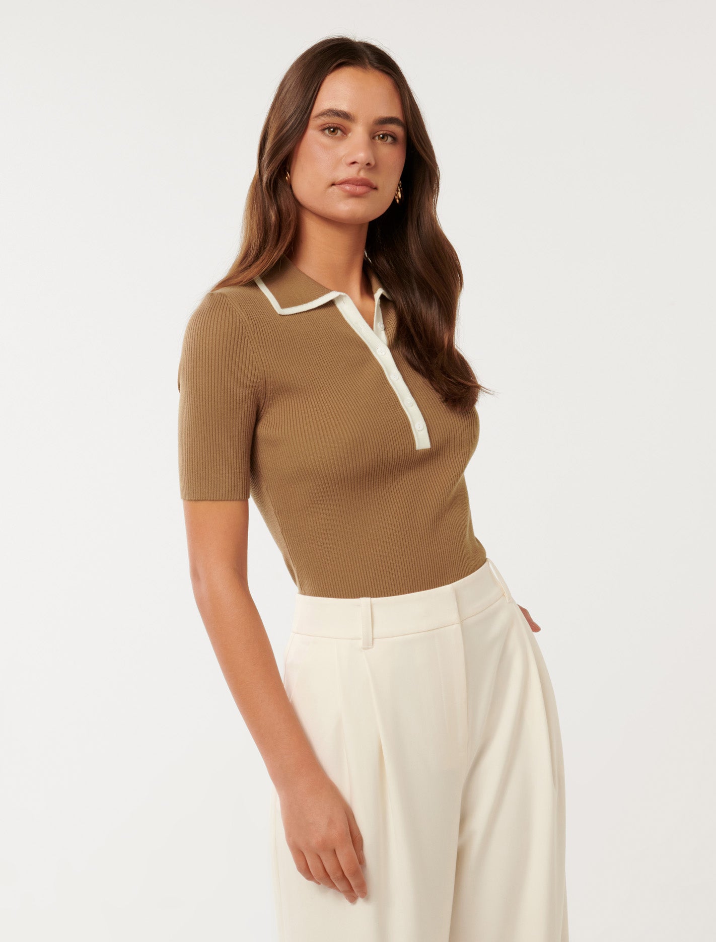 Jo Collar Knit Polo Camel/ Porcelain