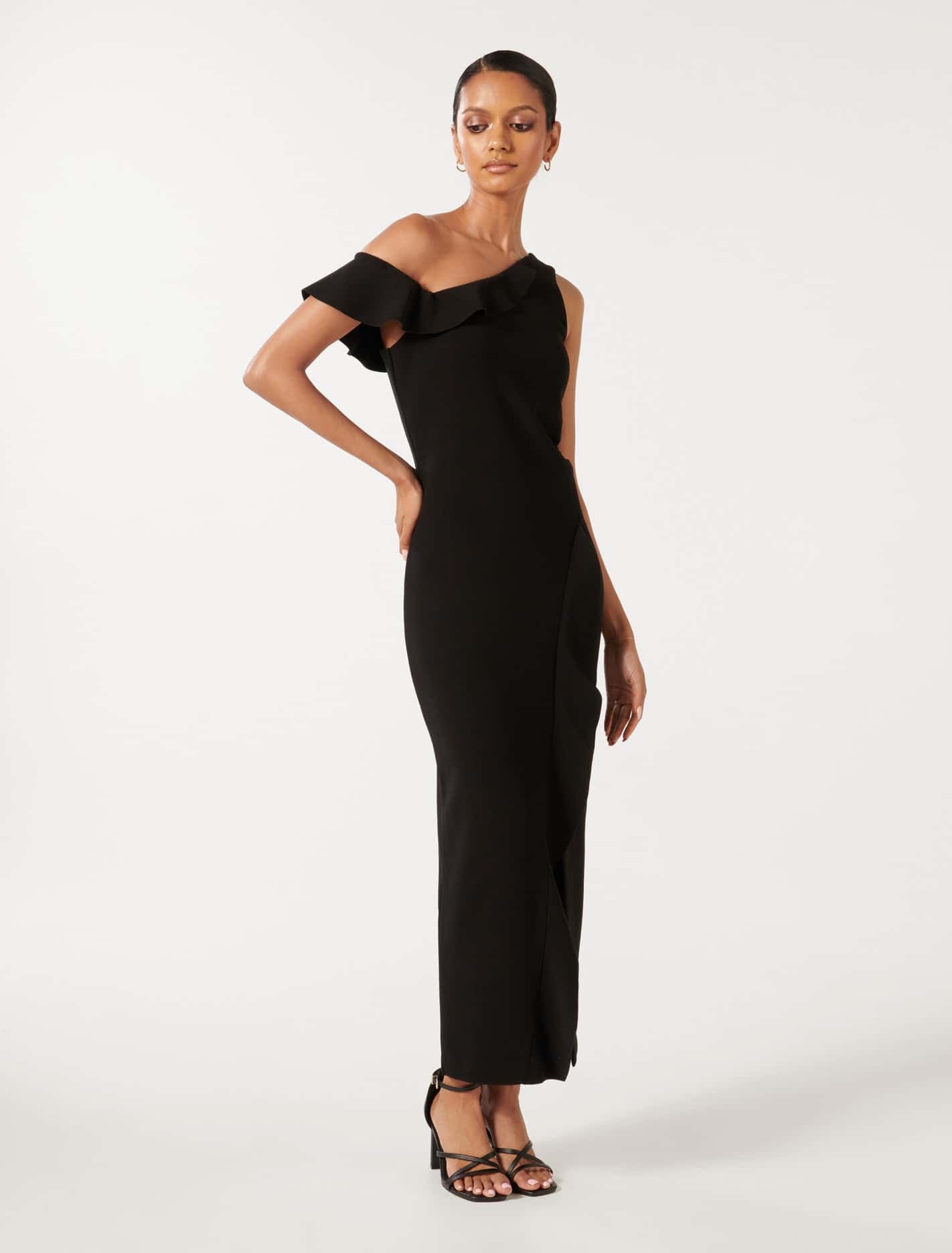 Tyra Petite One Shoulder Ruffle Bodycon Black