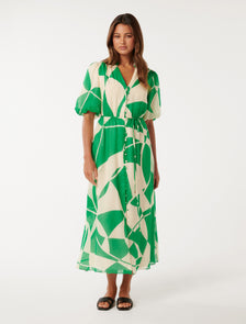 Loanne Puff Sleeve Midi Green Vere Abstract